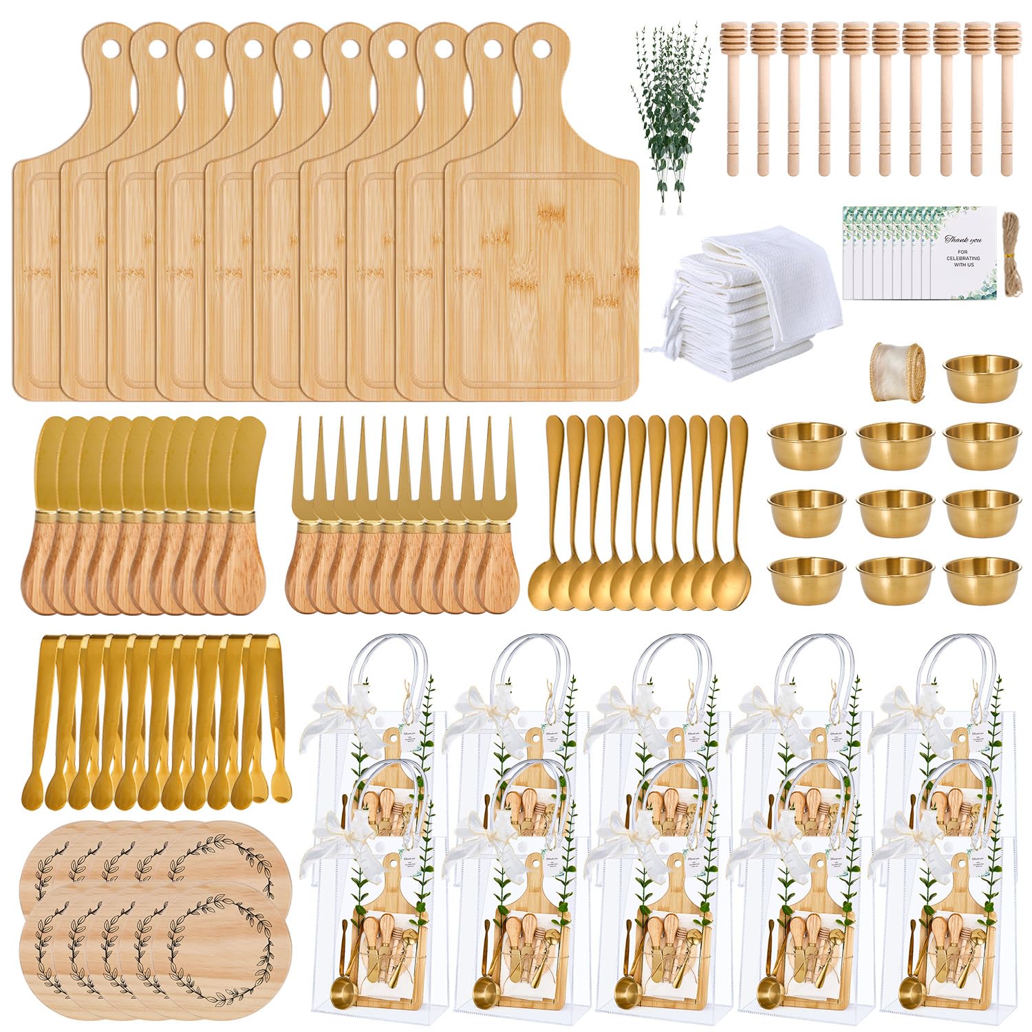 Baby Shower Prizes for Game Winners 10 Sets Cheese Board Honey Dipper Charcuterie Utensils Set Towel Thank You Card and Gift Bags for Baby Shower Wedding Bridal Shower Favors (10 Set-Bamboo, Golden)