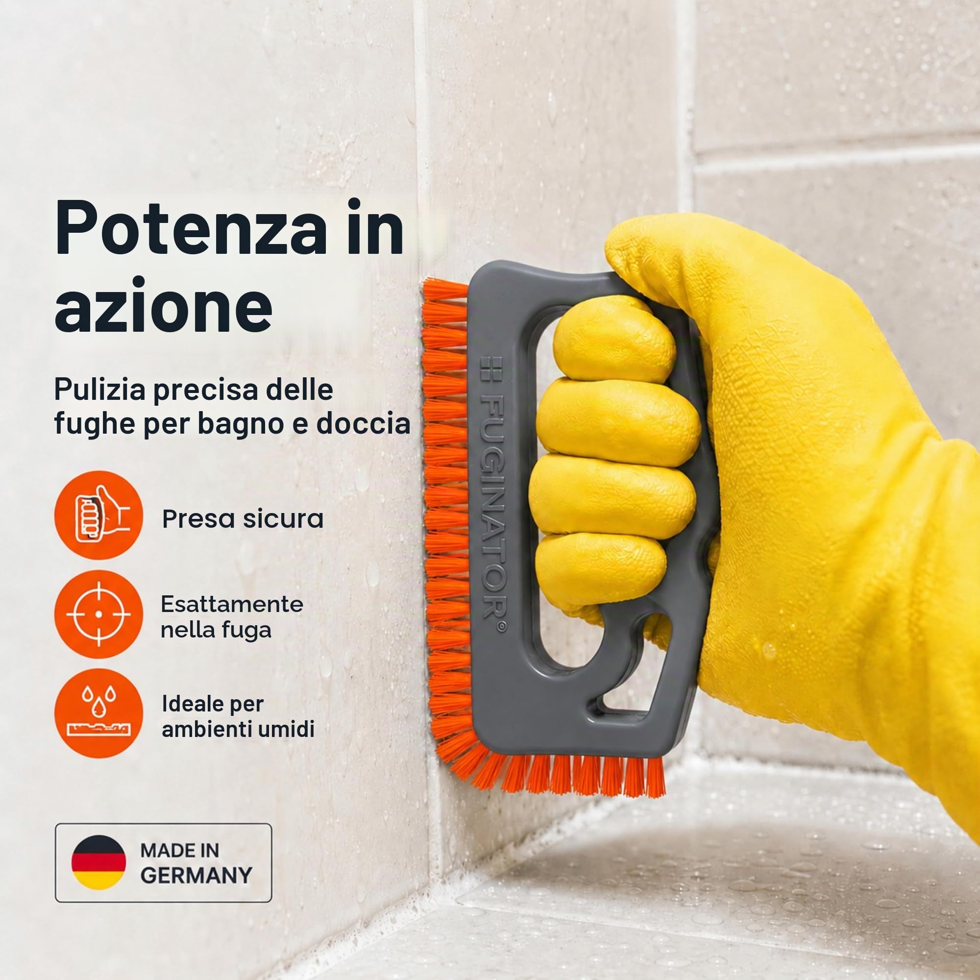 FUGINATOR® Spazzola per fughe – Spazzola per la pulizia delle fughe del bagno, WC, cucina, Pulizia di pareti e pavimenti – Pratica spazzola per fughe e piastrelle (Grigio/Arancione)