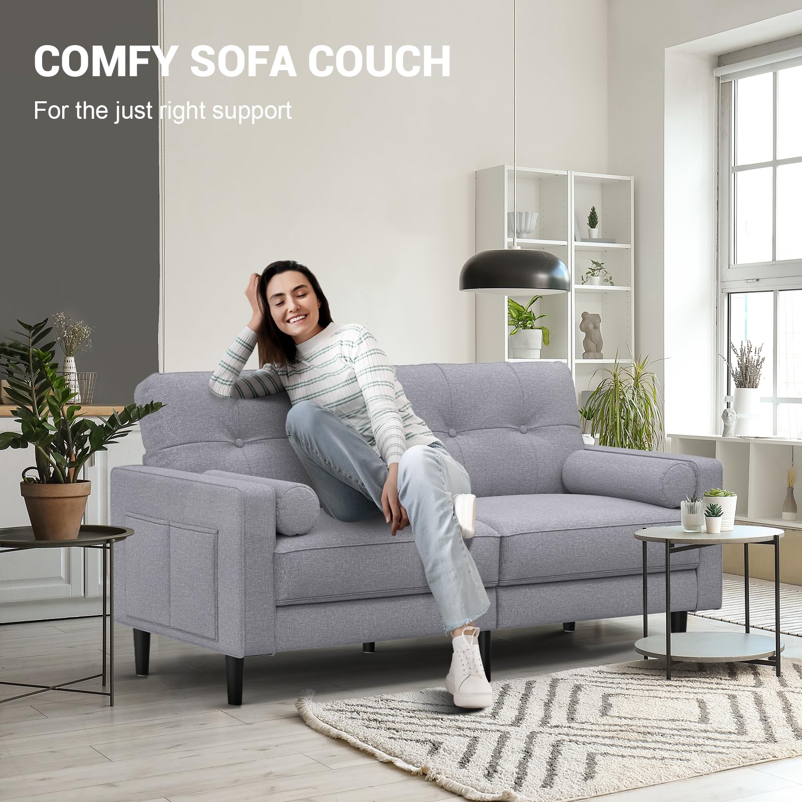 2-Sitzer Sofa, Dicke Kissen, 2 Kissen & Taschen (Grau) | Bequemes Leinen-Sofa, 2-Sitzer mit 2 Kissen, Seitentaschen, Ergonomisches Design & Einfache Montage für Wohnzimmer & Büro