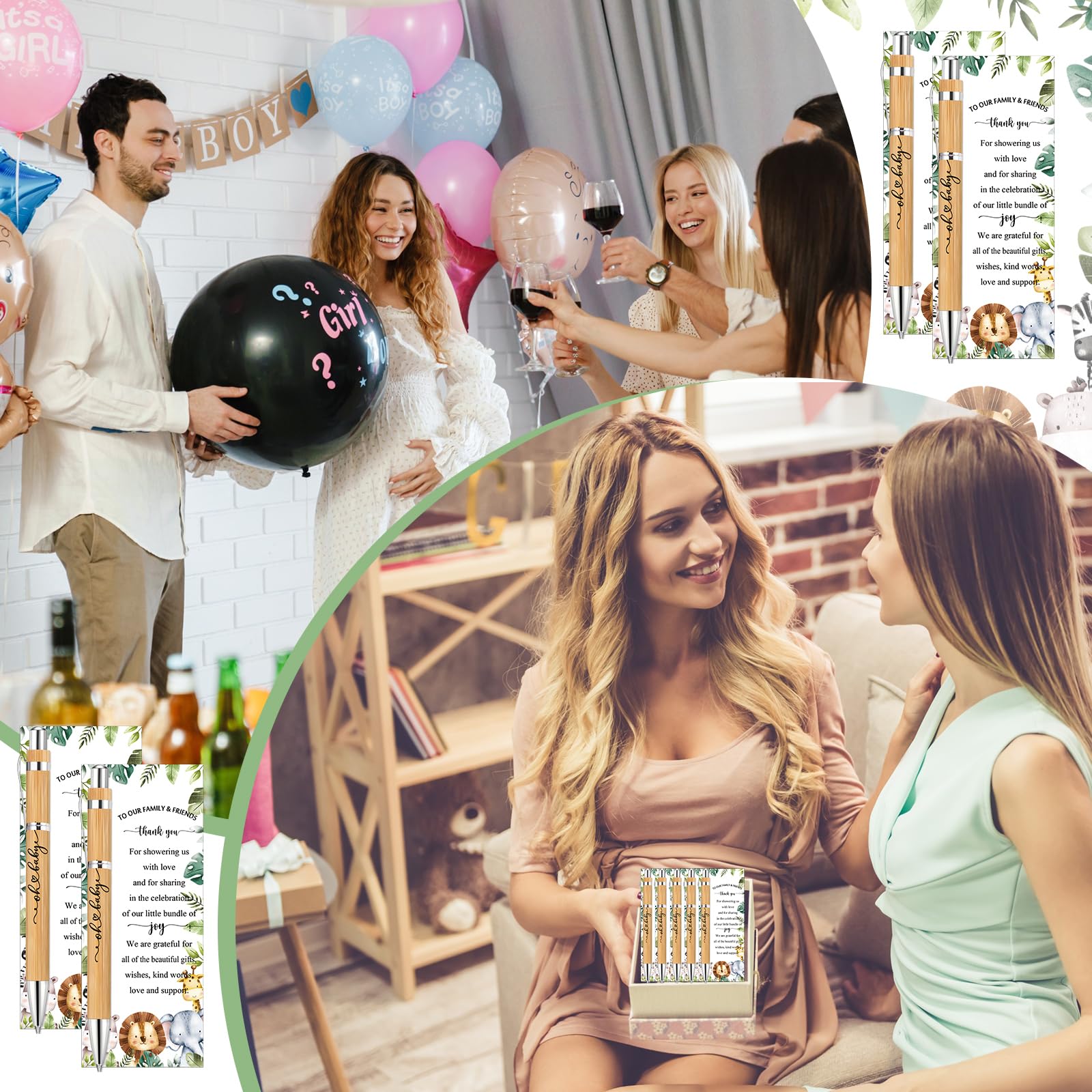 Zhanmai- 75 juegos de recuerdos para baby shower con temática de safari, incluye bolígrafos de bambú y tarjetas de agradecimiento para baby shower, bridas plateadas, decoraciones para baby shower con