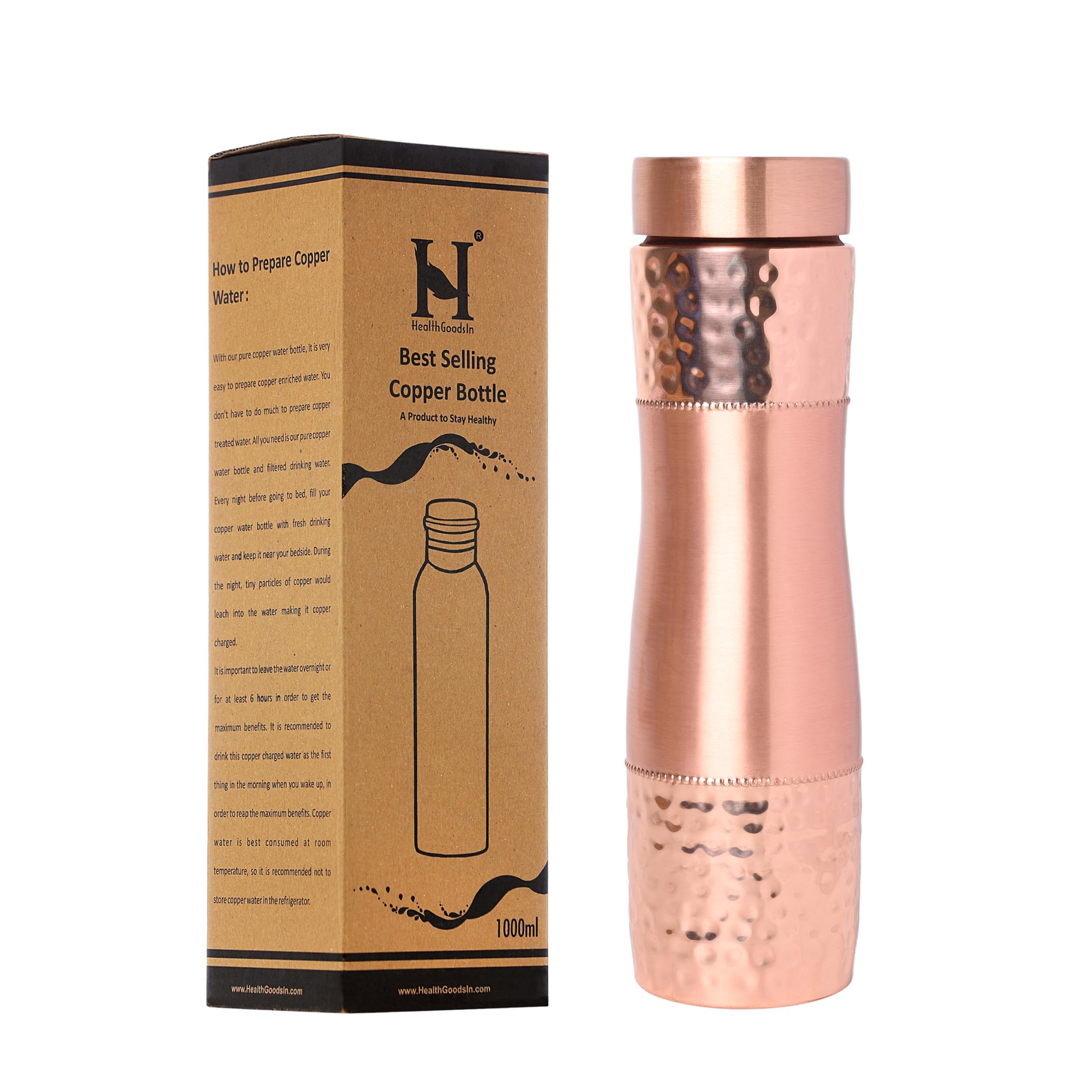 Pure Copper Water Bottle Wide Mouth, 1000 Ml Capacity (33.81 US Fl Oz) For Ayurveda Health Benefits (Plain)