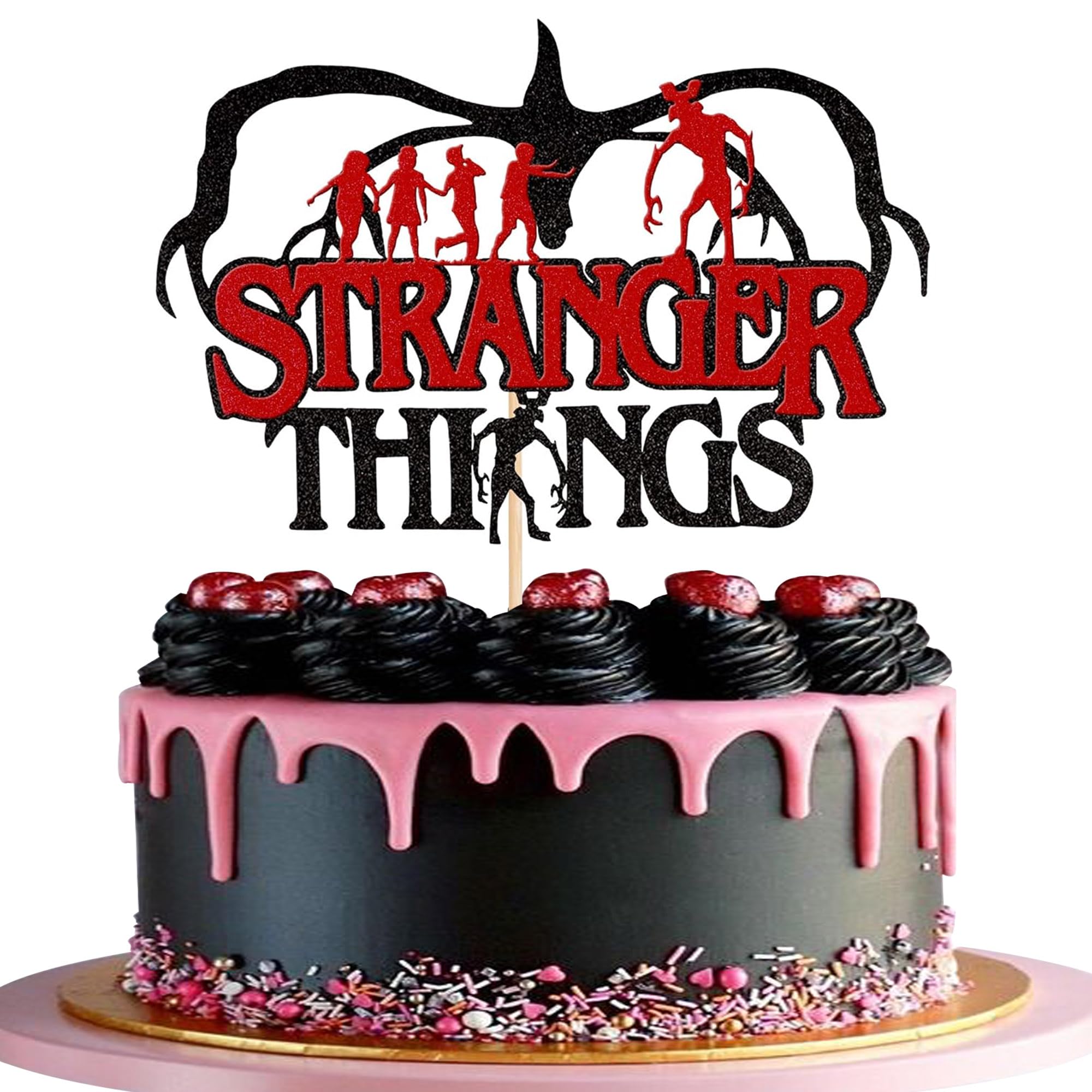 1 Stück Stranger Things Tortendeko, Glitzer Halloween Kuchen Deko TV-Programm Stranger inspiriert Cake Topper for Happy Halloween Thema Party Baby-Dusche Kinder Geburtstag Party Kuchen Dekorationen