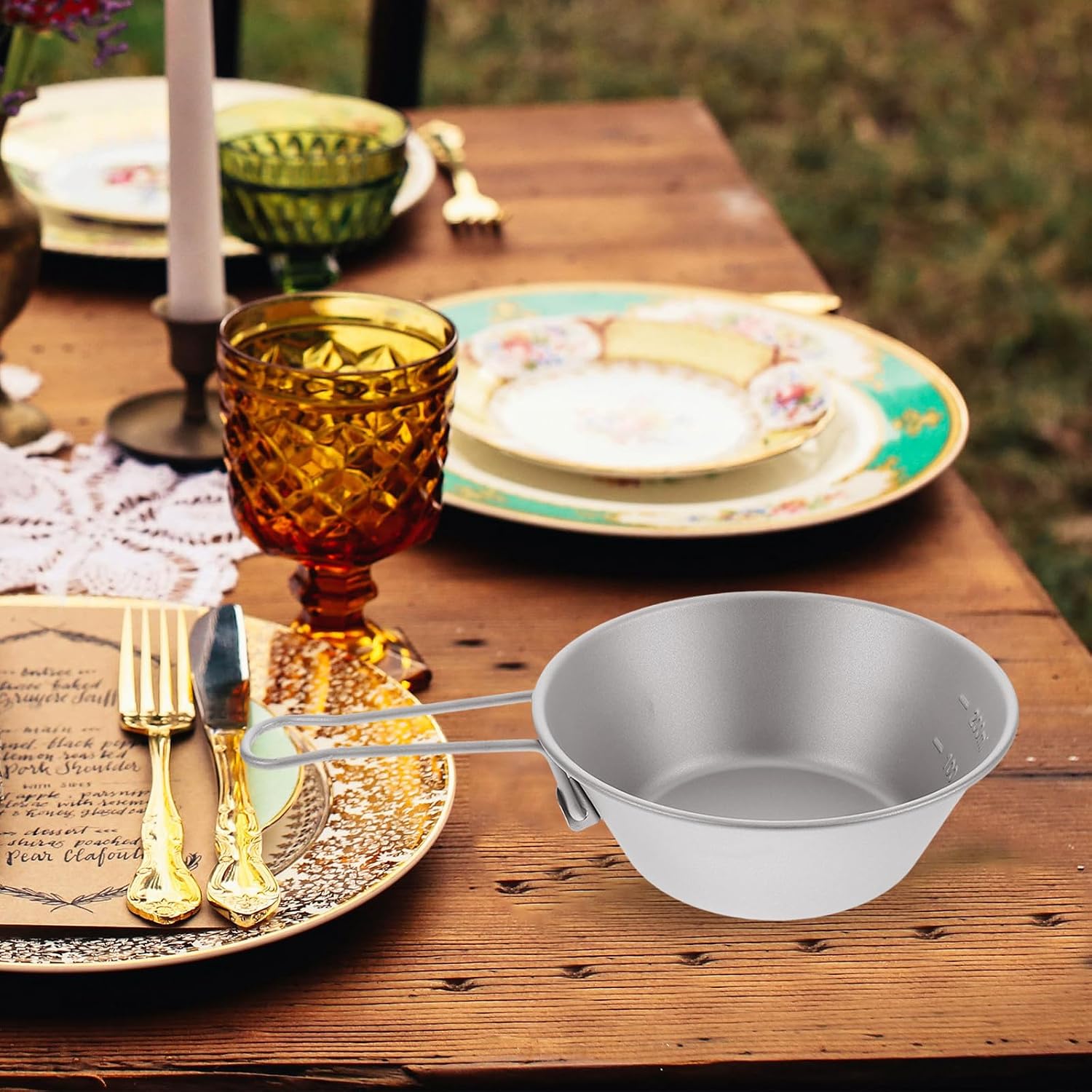 Titanium Camping Mixing Bowl with Foldable Handle Lightweight Korean Food Serving Bowl for Hiking Picnic and Travel