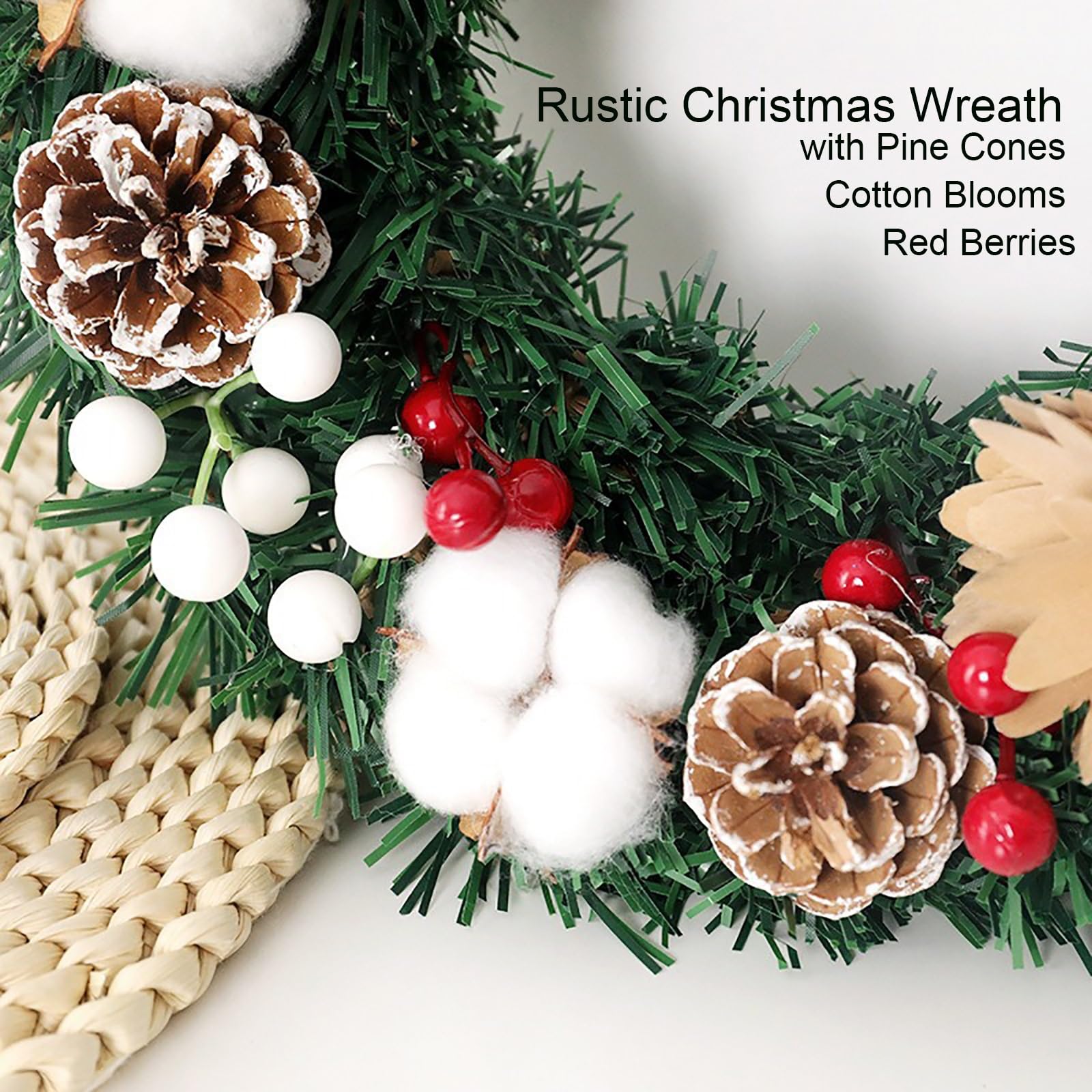 Couronne de Noël Rustique pour Porte D'Entrée, Couronne Artificielle en Coton avec Pommes de Pin, pour la Décoration de la Maison et des Fêtes d'hiver(30cm(11.8in))