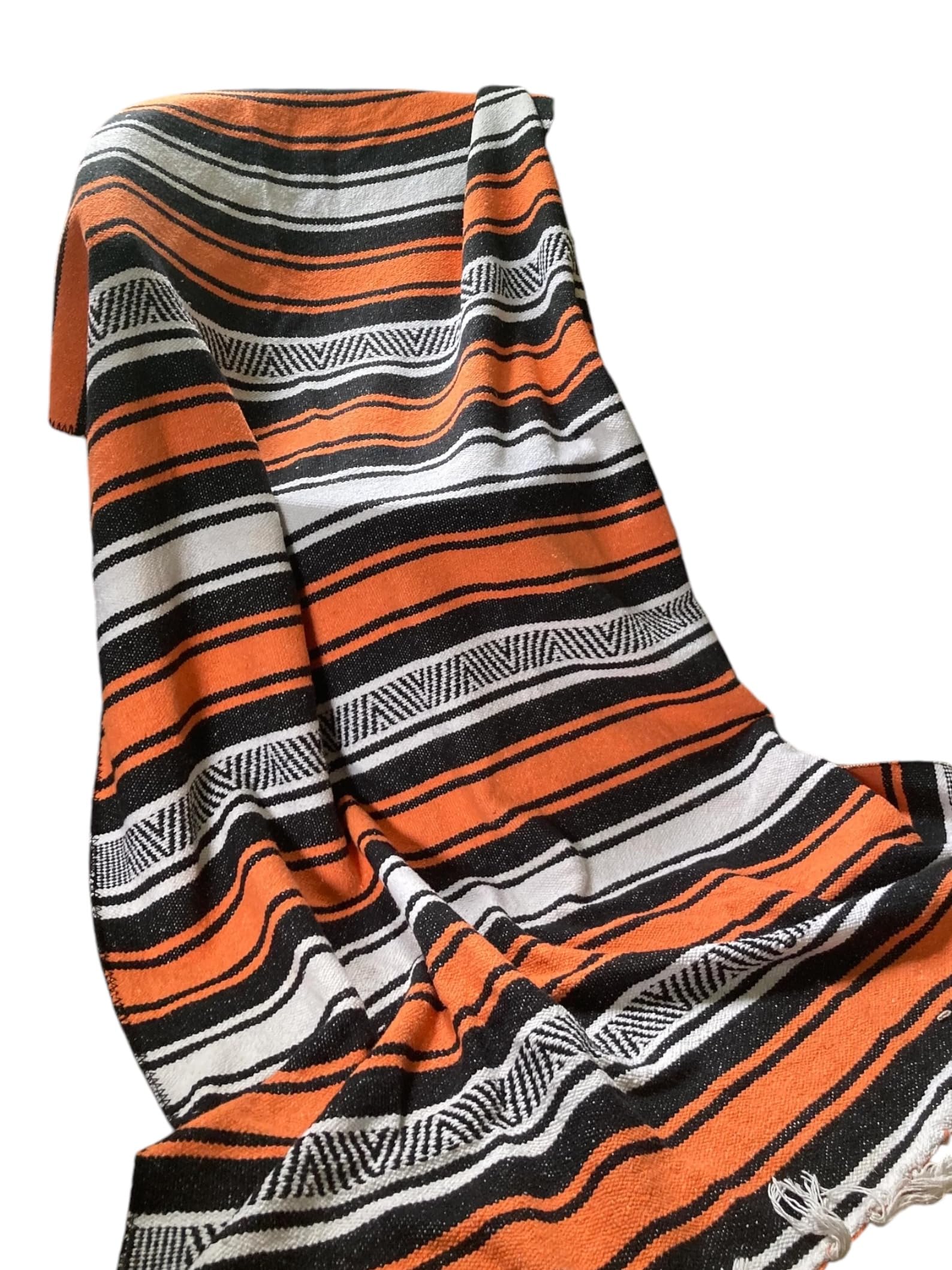 Mexican Falsa Blanket Serepe Throw Authentic Handwoven Saddle Multi-Use for Yoga, Beach, Camping and Picnics - Durable Outdoor Indoor. 60% Cotton. (Orange)