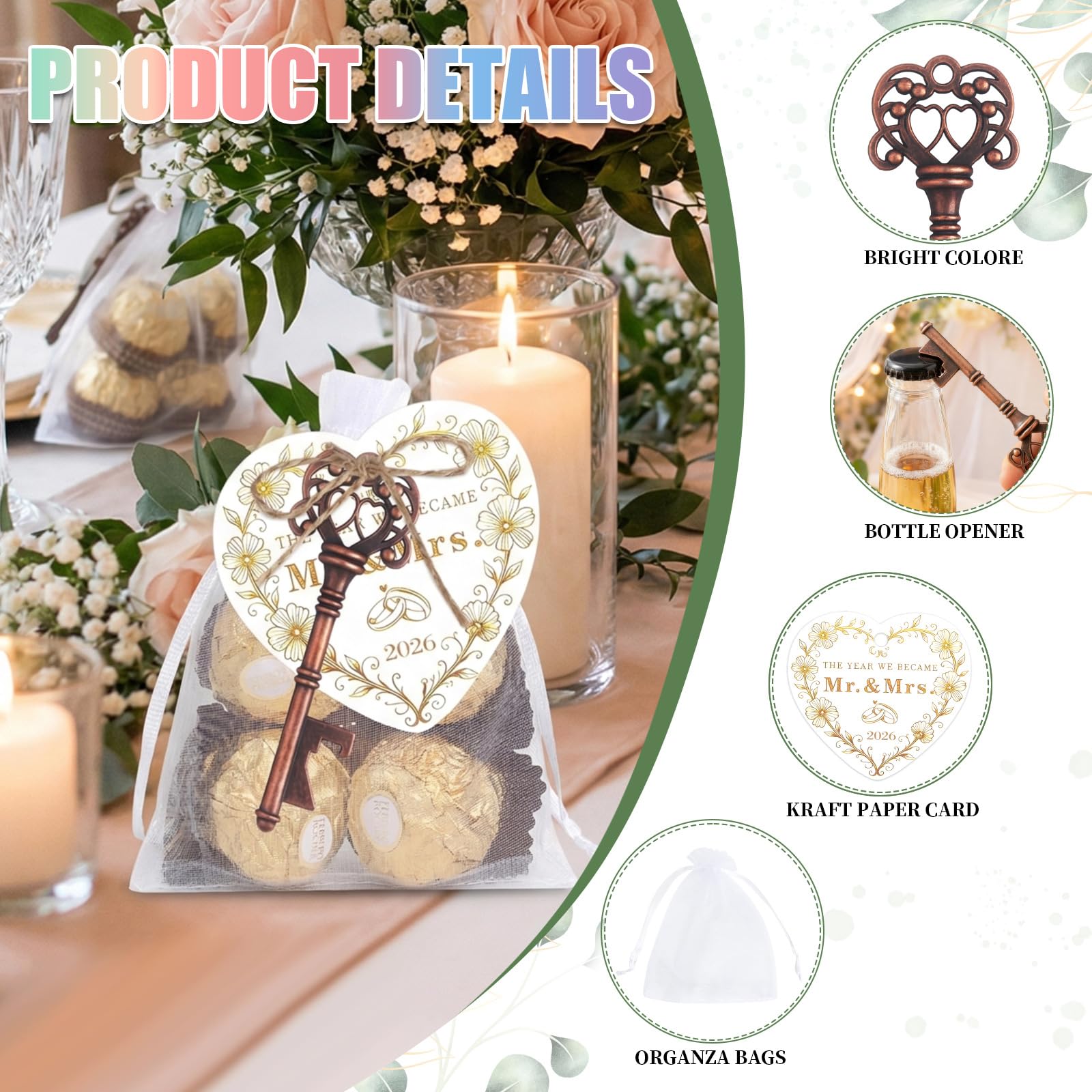50 apribottiglie in Metallo a Forma Chiave retrò con Sacchetto in Organza Etichetta appesa per Matrimonio, Anniversario, Sposa, Doccia, Miscela Metalli, Set apribottiglie