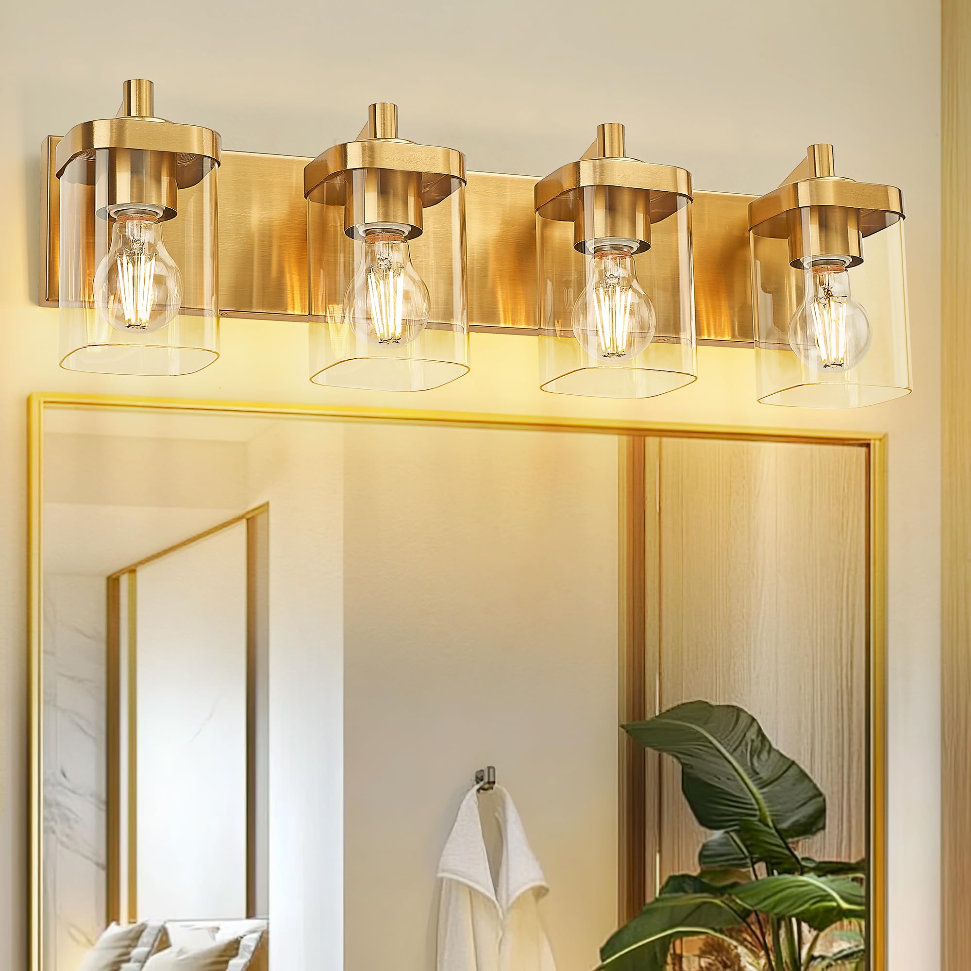 Bathroom Light Fixtures, 25" Brushed Gold Vanity Light, 4-Light Modern Wall Sconces with Square Clear Glass Shade, Vanity Lighting Fixtures Over Mirror, VL194-BG-4