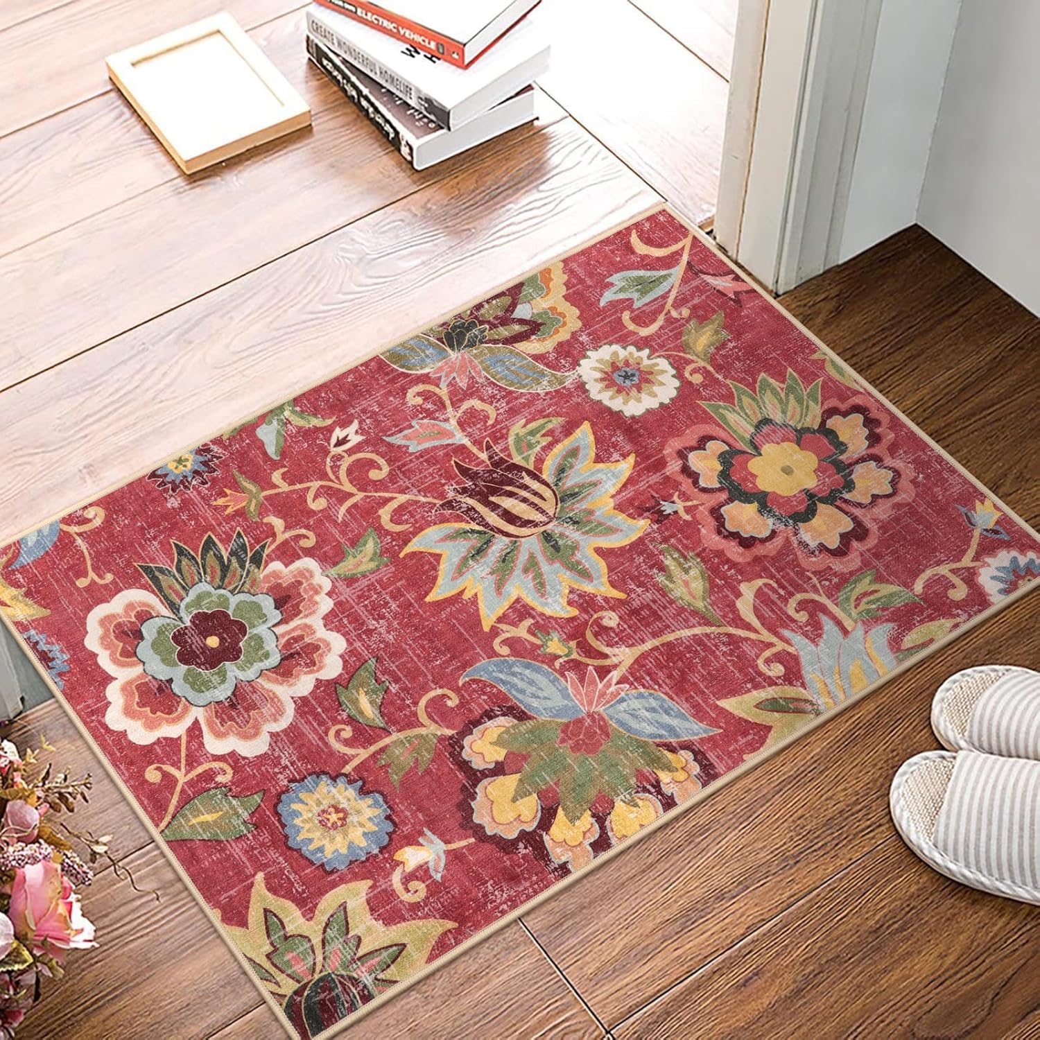 Beeiva Red Kitchen Rugs Non Slip Washable, 2x3 Floral Christmas Kitchen Entry Rug for Entryway Indoor Ultra Thin Small, Vintage Non-Shedding Front Door Mat Indoor Entrance Throw Carpet for Bathroom
