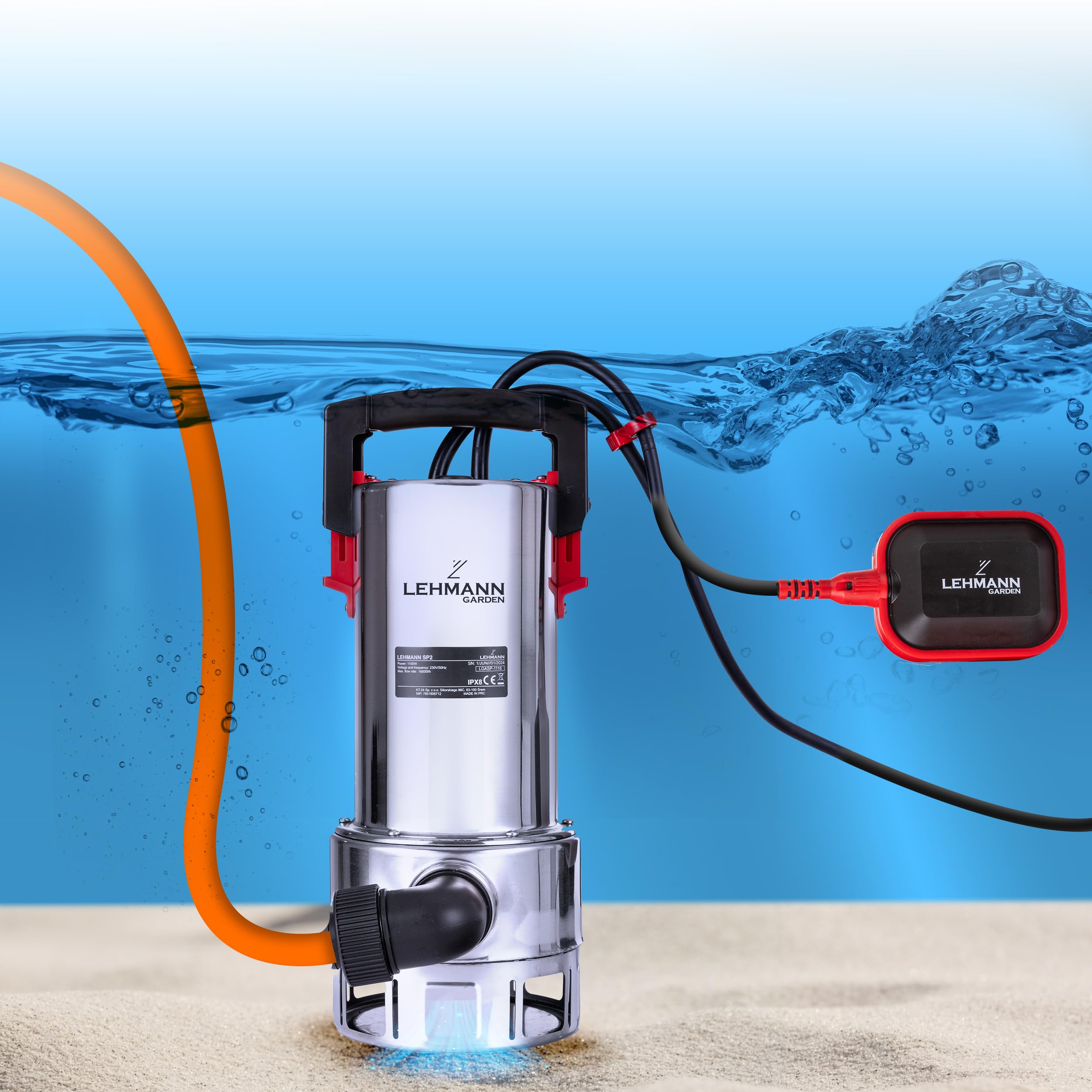LEHMANN Pompe Immergée avec Flotteur Intégré pour Eaux Chargées et Pure, 1100 W, avec Moteur à Induction sans Balai, Débit 16500 l/h, Hauteur de Refoulement 10,5 m, Particules Ø35mm