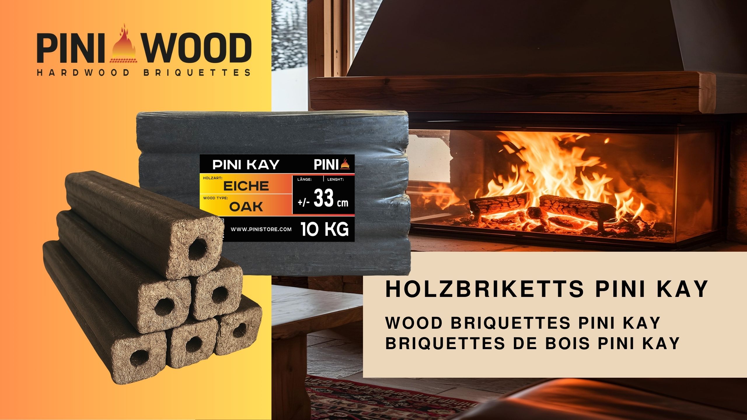15 kg PINI Kay Briquettes de bois de chêne carrées 23 cm de long avec