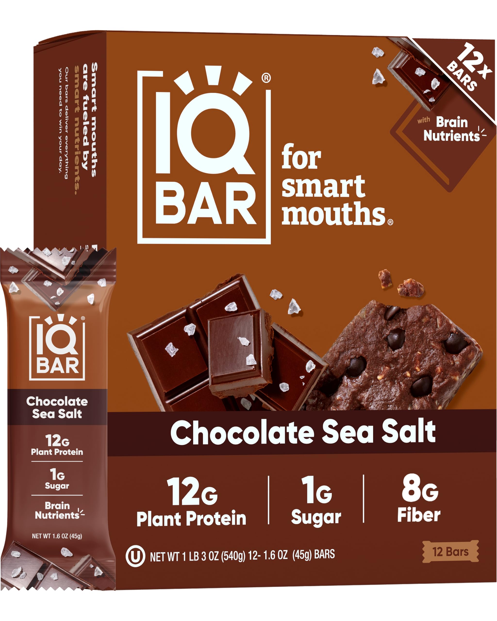 IQBAR Brain and Body Clean Plant Protein Bars - Chocolate Sea Salt - 12 Bars - Keto, Vegan, High Fiber, Gluten and Dairy Free, Low Sugar Snack with Nutrients for Focus, Energy, Meal Replacement