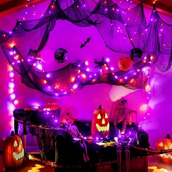 Ollny Halloween Lights 100LED 33FT, Orange and Purple String Lights with Creepy Cloth197 x 63 in, Battery Operated Fairy Lights with 8 Lighting Modes Timer for Outdoor Party Yard Decor
