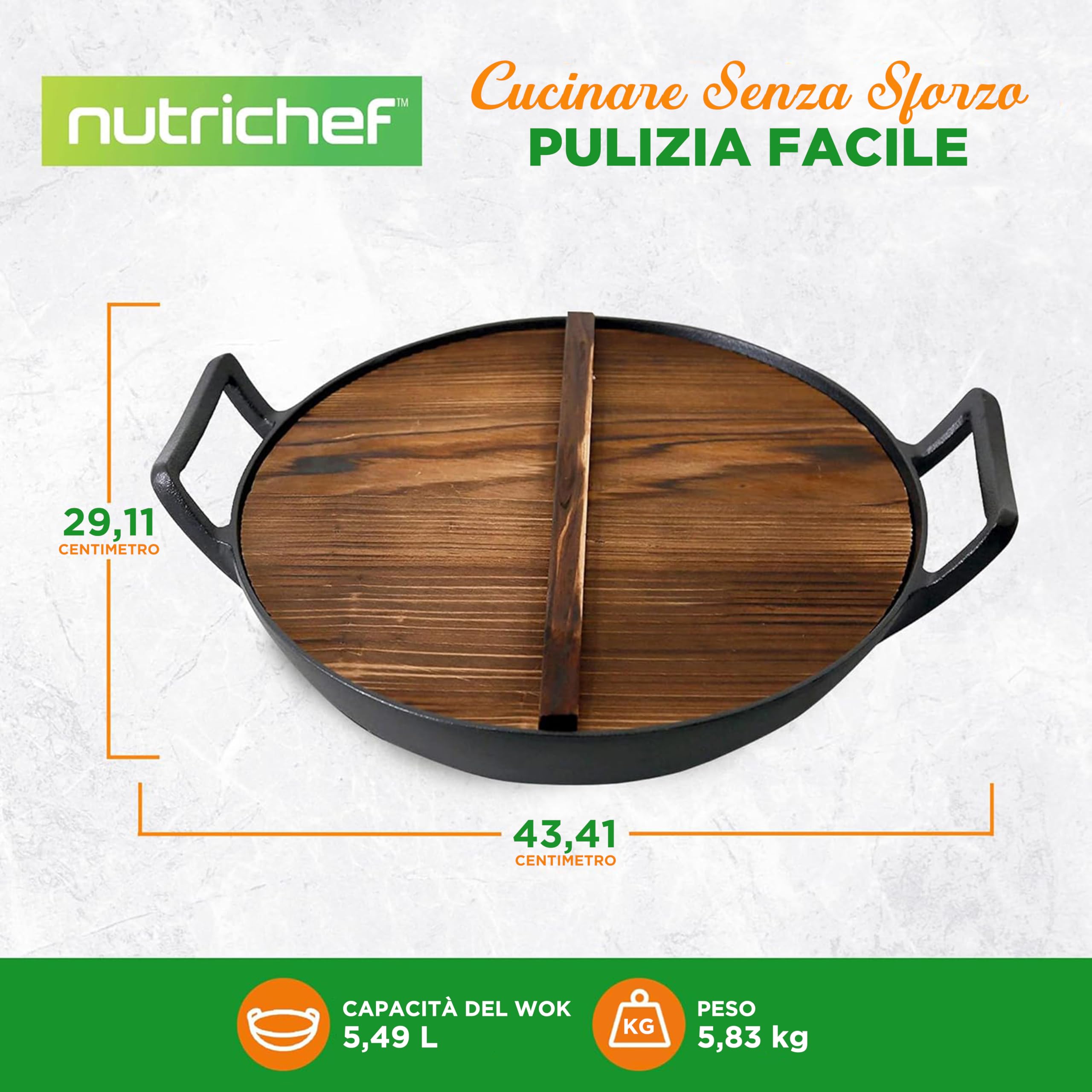 NutriChef Padella in Ghisa Pre-Stagionata da 5,5 Litri - Wok Antiaderente con Coperchio in Legno, per Piano Cottura Elettrico, Nero