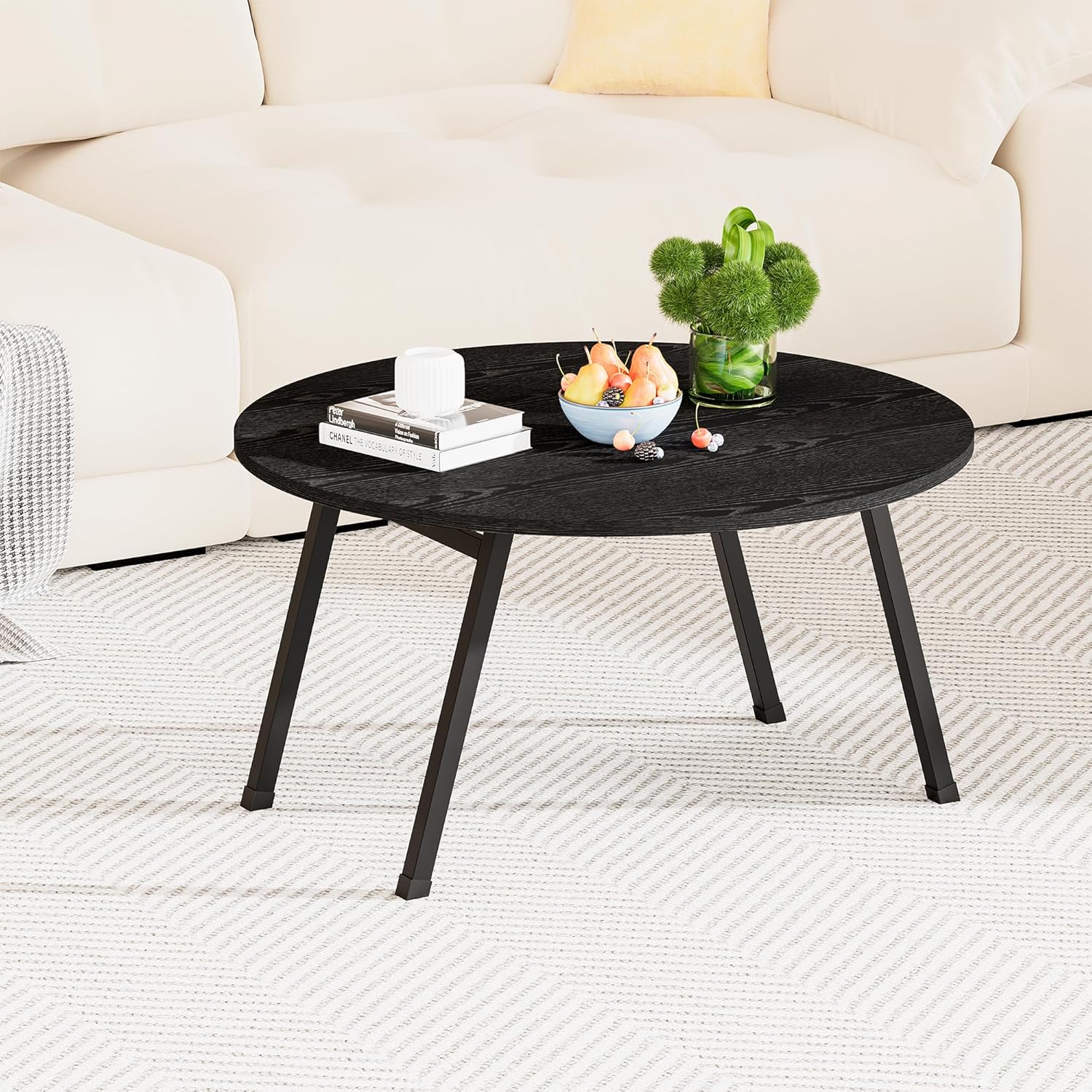 Round Folding Coffee Table for Small Spaces, Foldable Small Coffee Table Portable Sturdy, Easy Assembly Mid Century Low Wood Tables for Living Room, Home, Office, Black Classic Black round coffee table