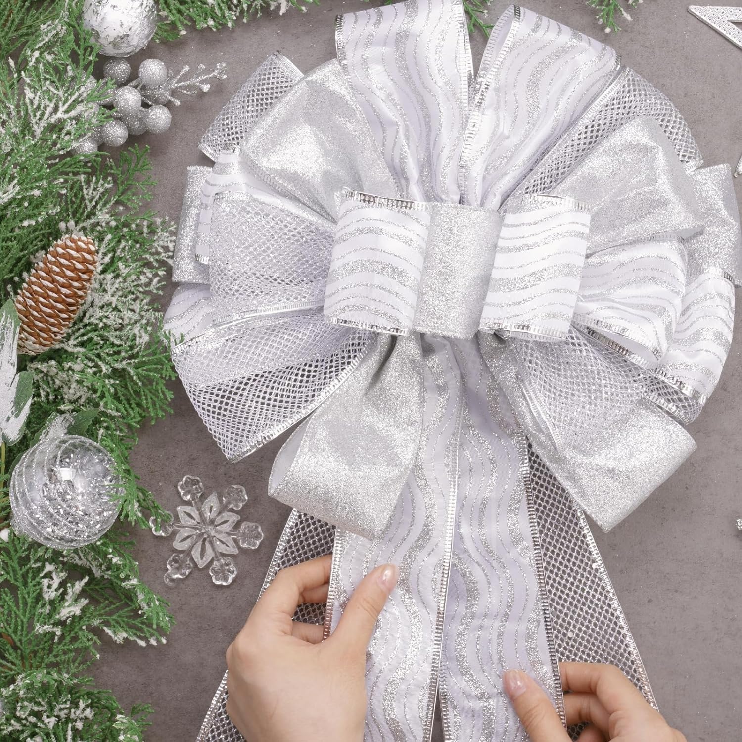 Christmas Tree Topper, 32x12 Inches Large Toppers Bow with Glitter Satin Mesh Streamer, Silve Christmas Tree Topper for Christmas Home Decoration (Silver) - Image 8