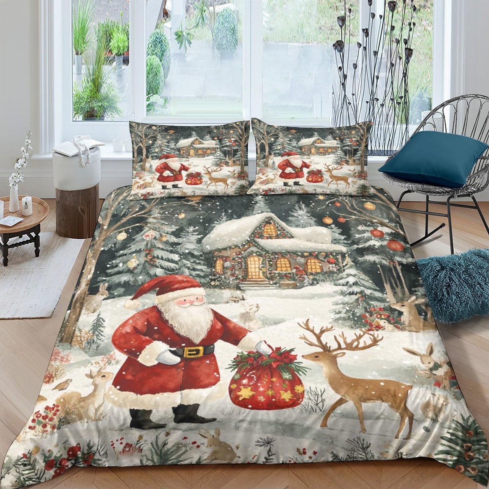 Ctjqhvkz Style-10 3D Printed Christmas Santa Fitted Sheet Microfiber Soft Red Cabin Forest Bed Cover For Bedroom Guest Room Easy Care Single（135X200cm）