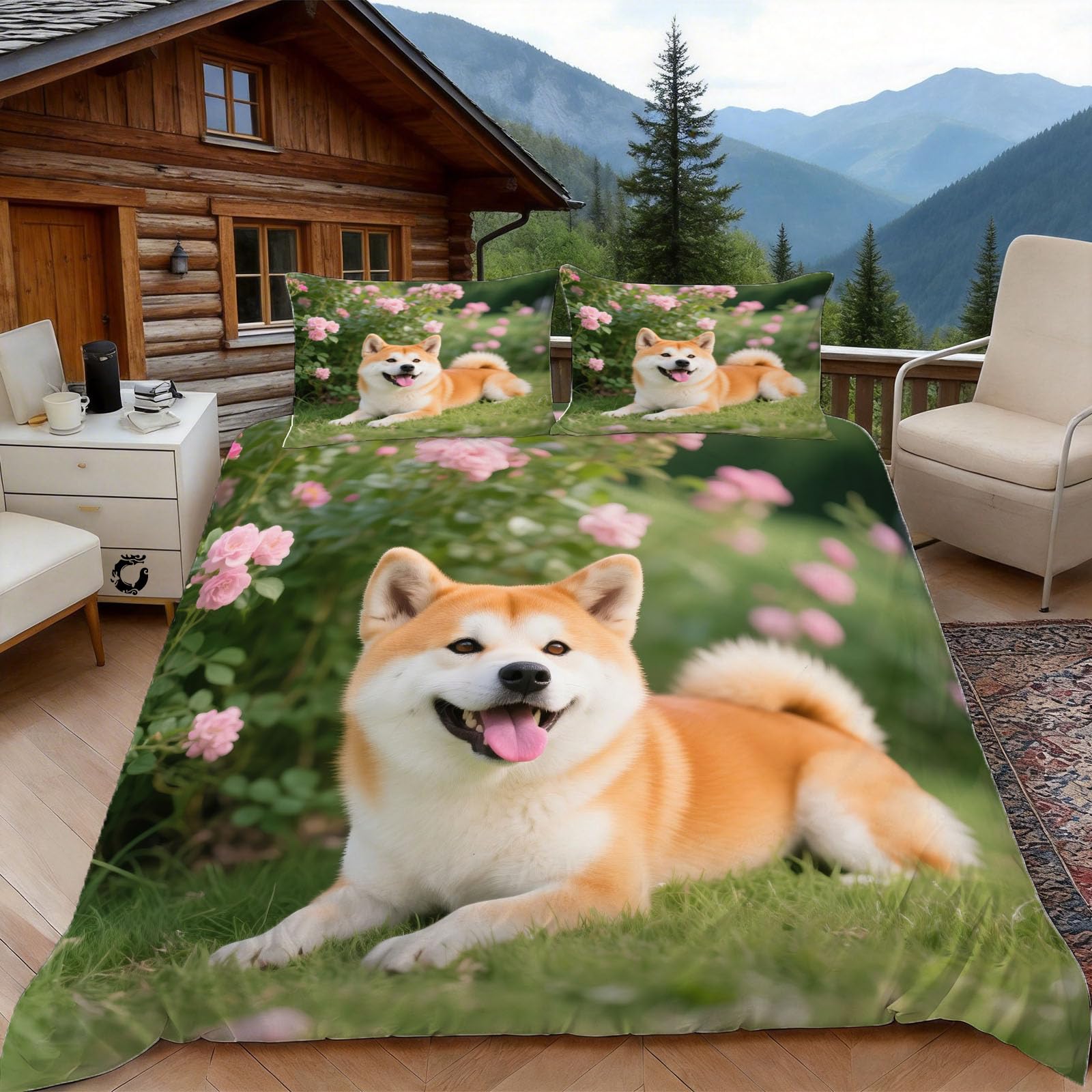 Housse de couette 200x200 Shiba Inu avec 2 taies d'oreiller pour lit 2 personnes