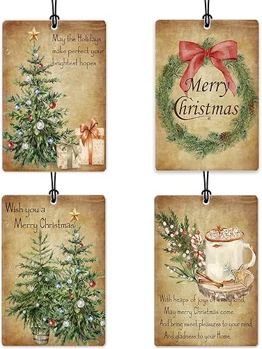 Ambientador de coche de Navidad vintage, 4 piezas, accesorios de automóvil retro de Navidad, regalo para mujeres, ambientador colgante de casa de