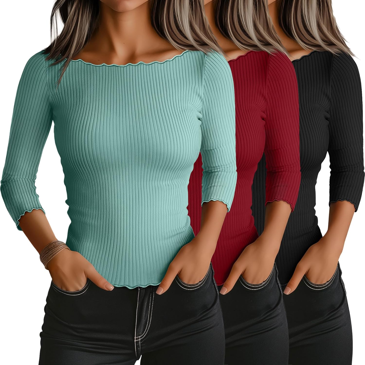 Riyiper 3 Pack Women's 3/4 Length Sleeve Tops Lettuce Trim Ribbed Boat Neck Shirts Half Slim Casual Basic Fitted Tees
