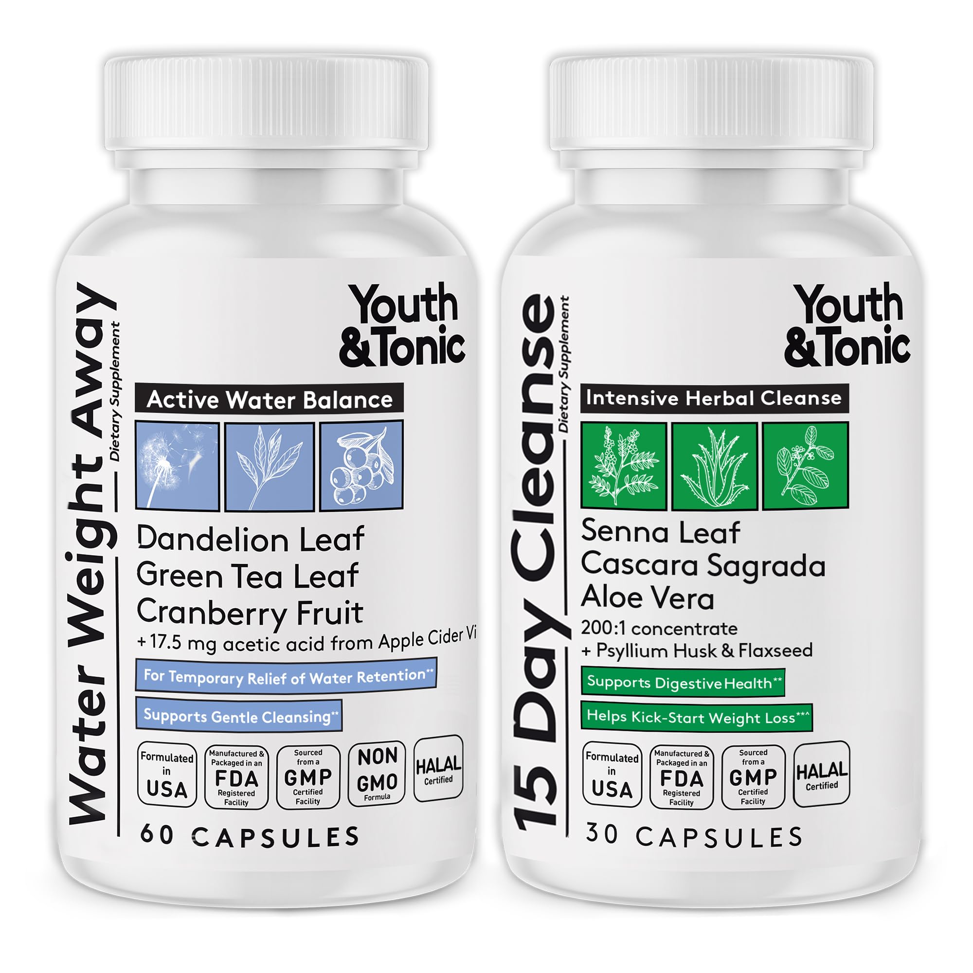 Youth & Tonic Water & Waste Reset – Water Weight Away & 15 Day Cleanse Pills for Digestive Cleanse, Fluid Retention, Colon Cleanser, Gut Detox & Bloating Support for Women & Men – 90 Capsules