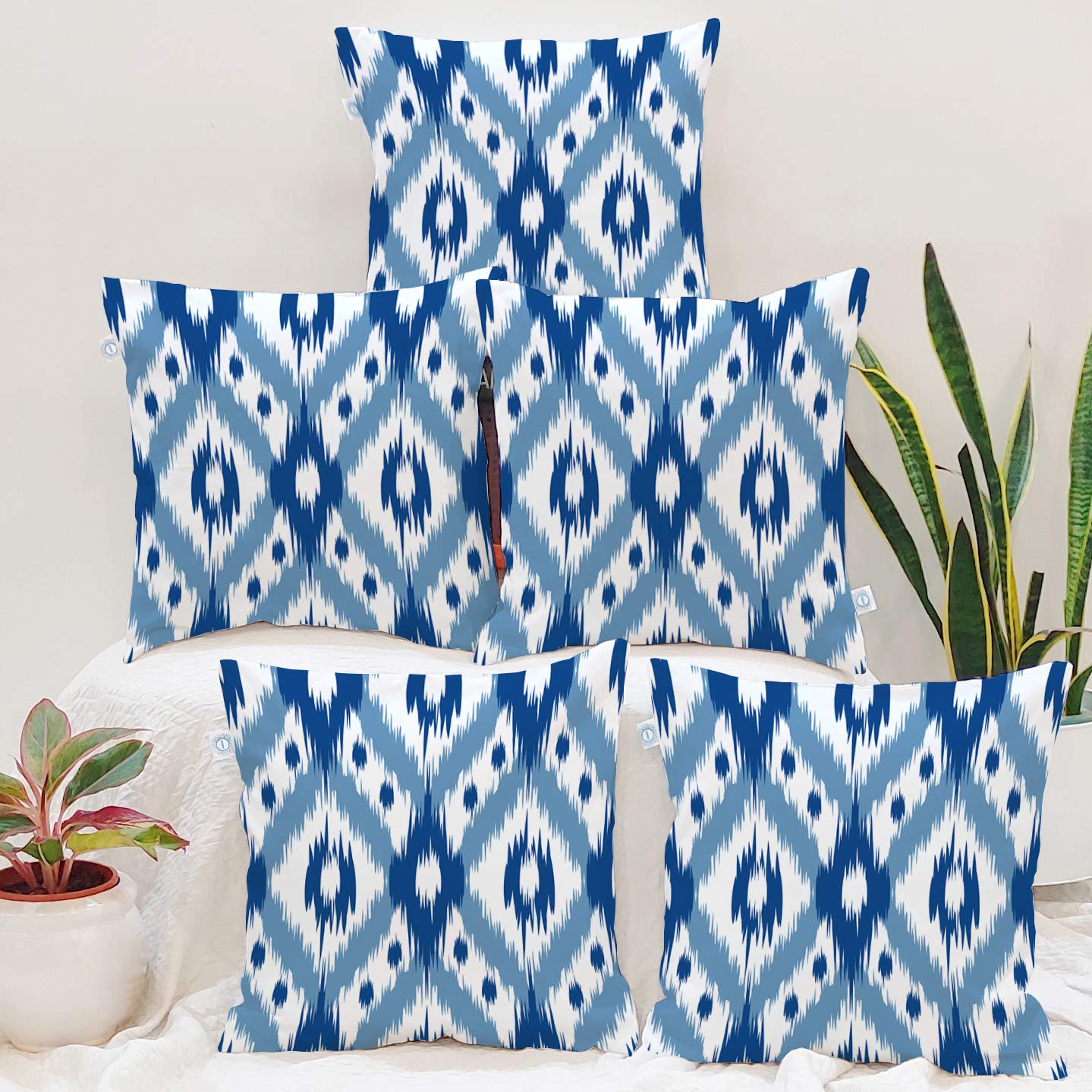 STITCHNEST Set of 5 Polycotton Cushion Covers – 12×12 Inches – Blue & White Ikat Geometric Print – Elegant Cushion Covers for Sofa & Living Room Decor