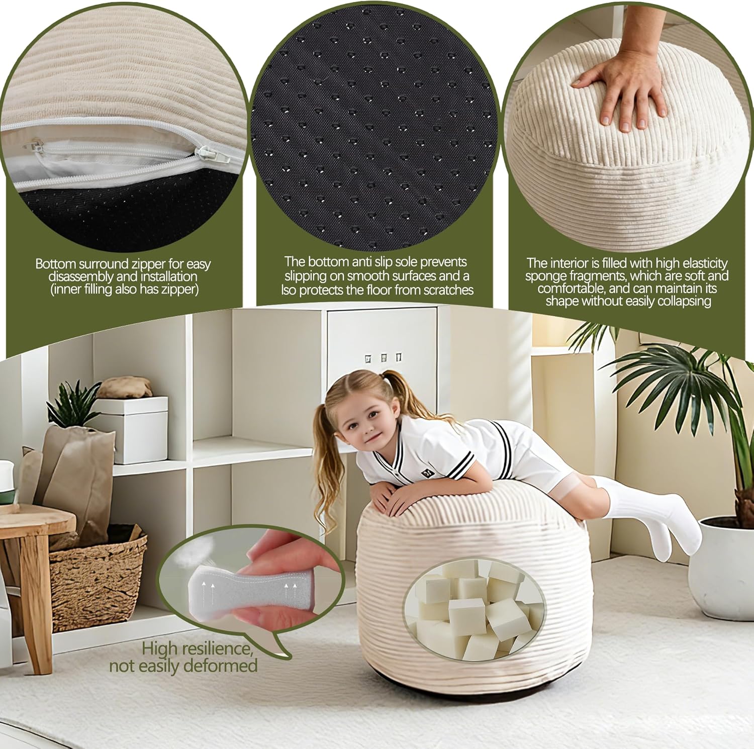 Sqodok Round Stuffed Pouf Ottoman for Foot Stools, 20"x 15" Corduroy Poufs Ottoman with Shredded Foam Filling, Washable Floor Poufs Foot Rest for Living Room Bedroom Home Decor and Office Chair