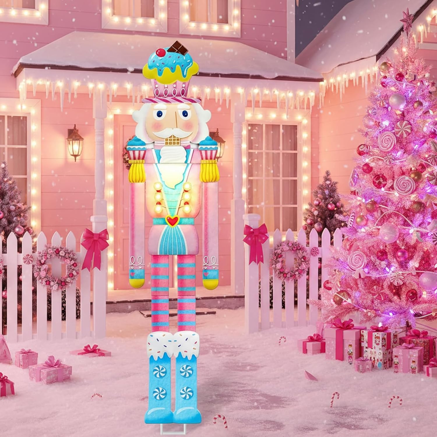 39'' Outdoor Pre-lit Christmas Pink Nutcracker Yard Sign Candy Cane Theme Yard Nutcracker Large Metal Windproof Rainproof Solar Garden Stake for Xmas Outside Party Patio Home Pathway