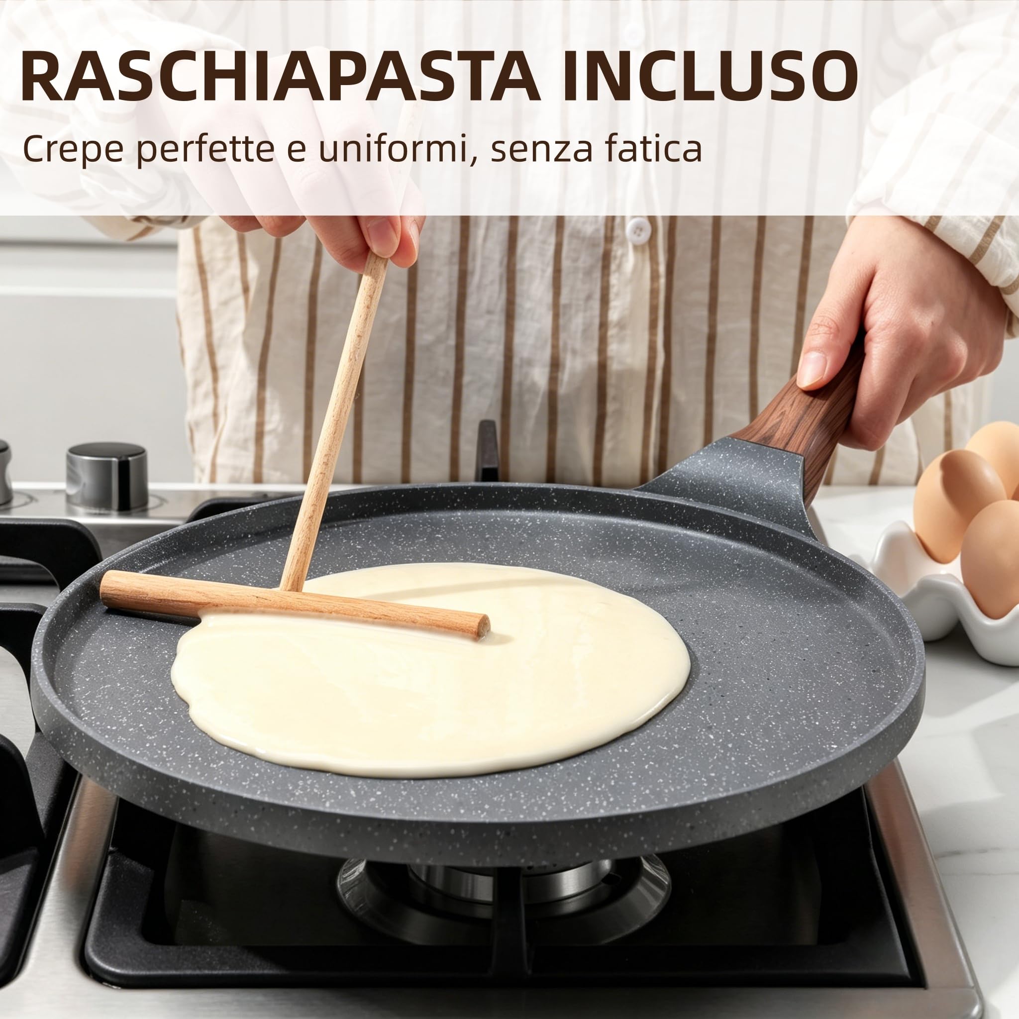 SENSARTE Padelle per Crepe 26cm Con Rivestimento Antiaderente In Granito, Crepiera con Distributore di Impasti, Per Ogni Piano Cottura Incluso l'Induzione