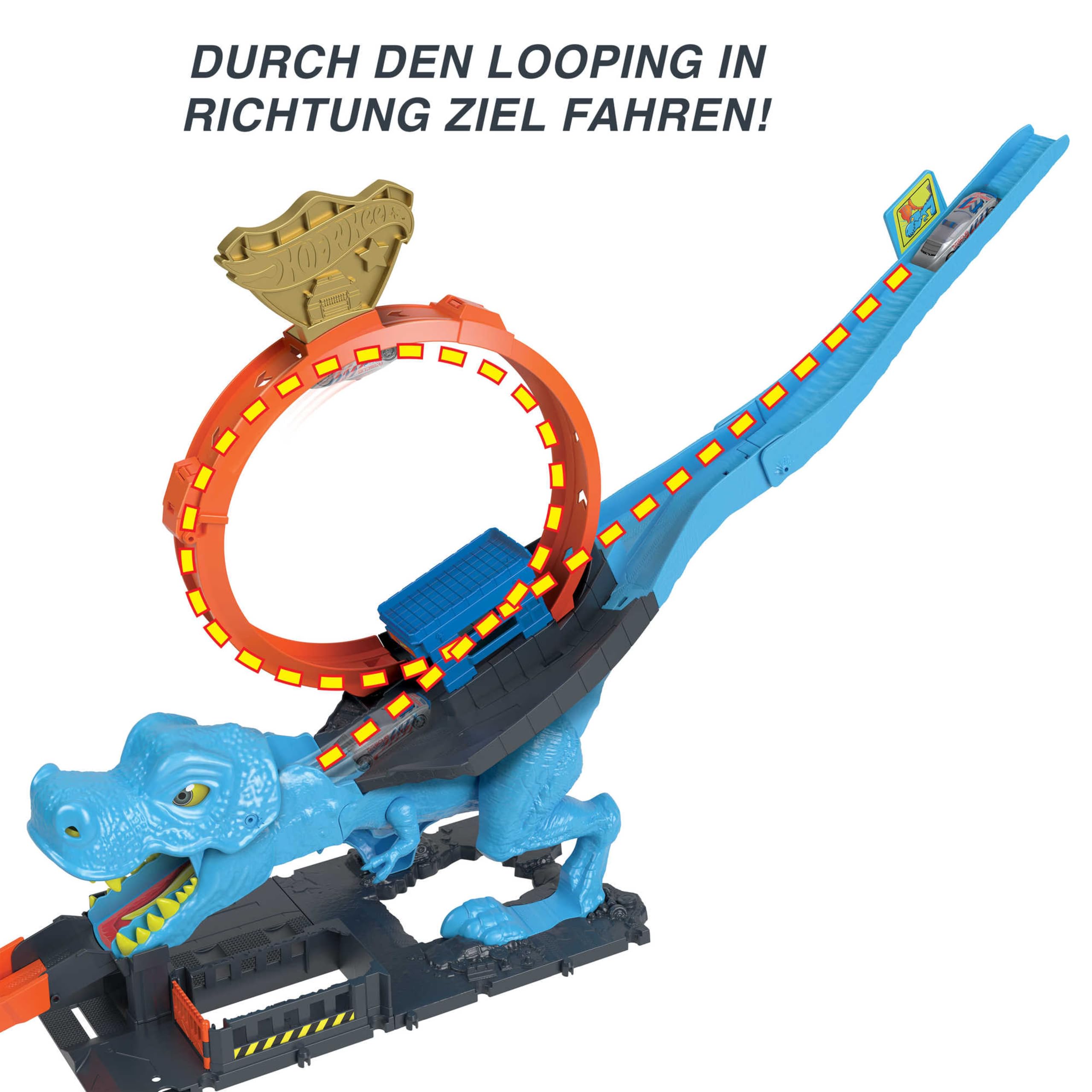Hot Wheels Autorennbahn T-Rex Angriff, Geschicklichkeitsspiel mit Looping Track, Auto Spielzeug ab 4 Jahre, HNP77