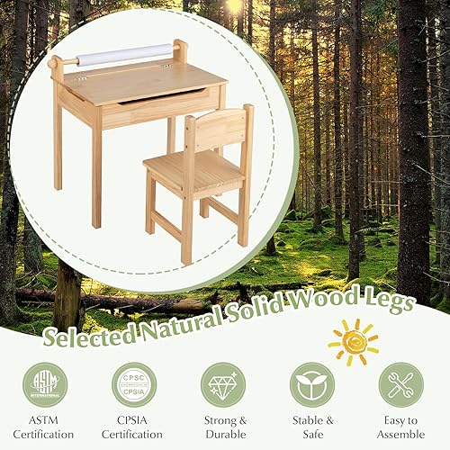Miniatura 15 de HONEY JOY Juego de mesa y silla para niños, escritorio y silla de madera con cajón, soporte para rollo de papel y 2 rotuladores, juego de mesa de