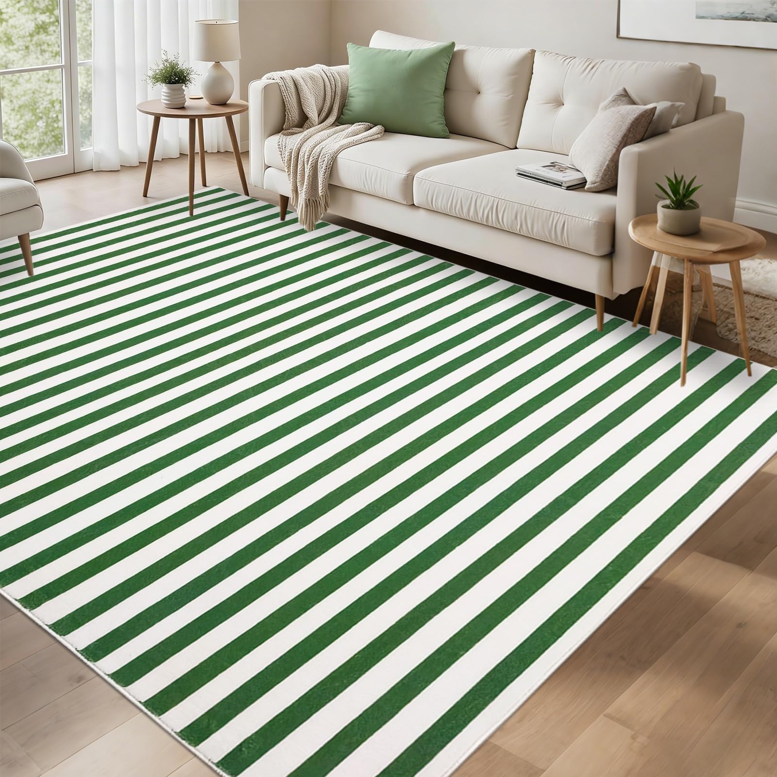 Tapis bohème moderne USTIDE lavable et antidérapant vert à rayures pour grand salon 150x200 cm