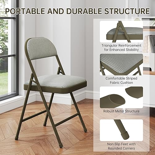Miniatura 4 de Paquete de 4 sillas plegables acolchadas con respaldo y cojines, juego de sillas de comedor de tela con marco de acero metálico para el hogar y la