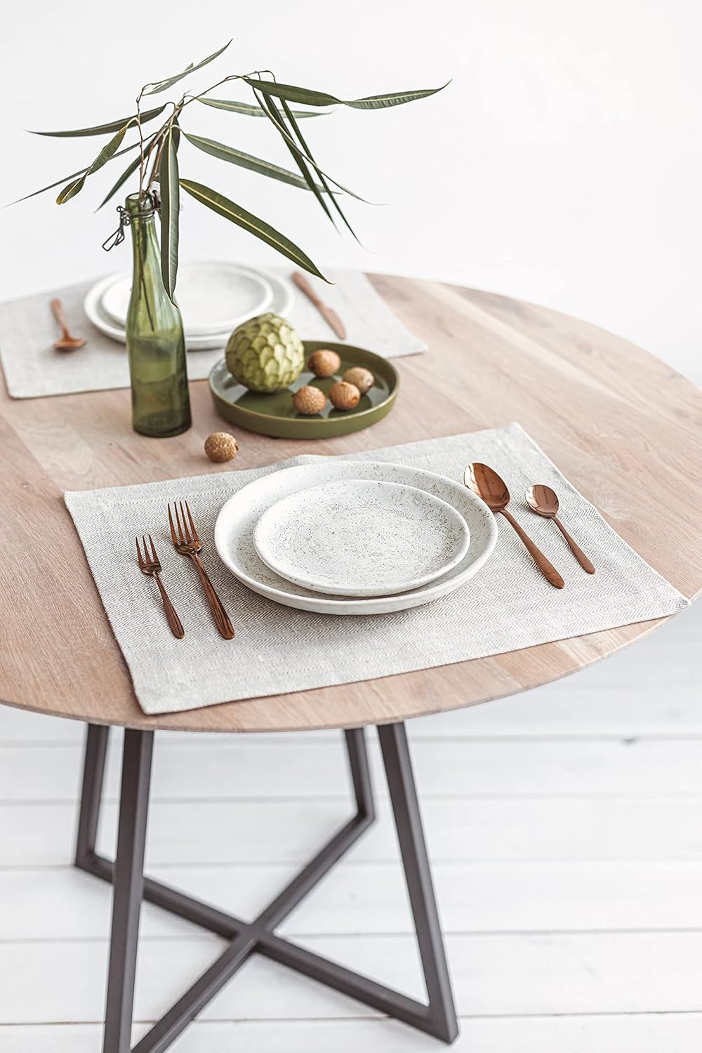 Pure 100% Flax Linen Placemats Set of 8 - White-Natural Herringbone 14x19-inch Place Mats Indoor Set for Christmas - Natural Fiber Dining Table Cloth Placemats Washable