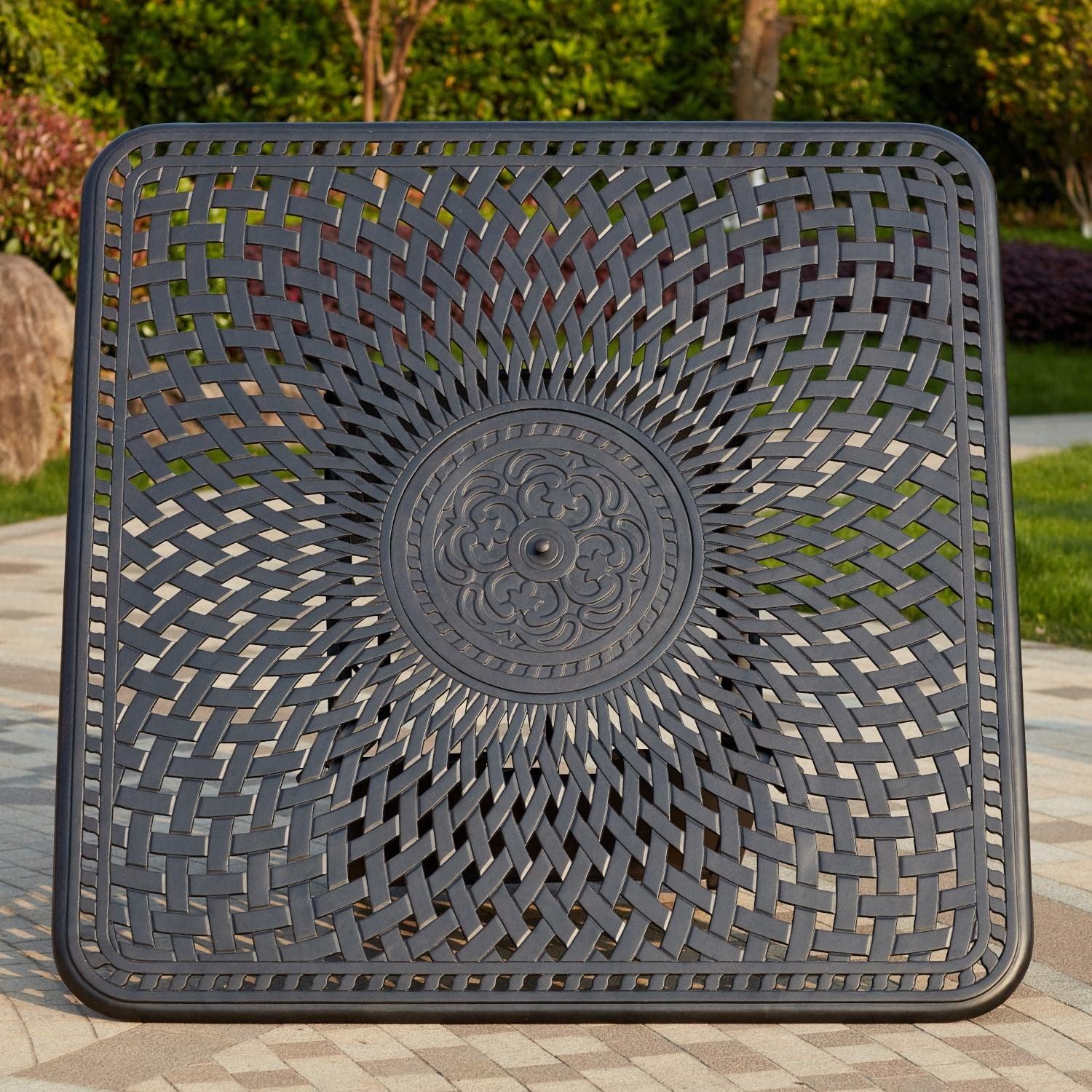 Darlee Santa Barbara 9 Piece Cast Aluminum Patio Counter Height Fire Pit Bar Set W/ 64 Inch Square Table & Sesame Cushions