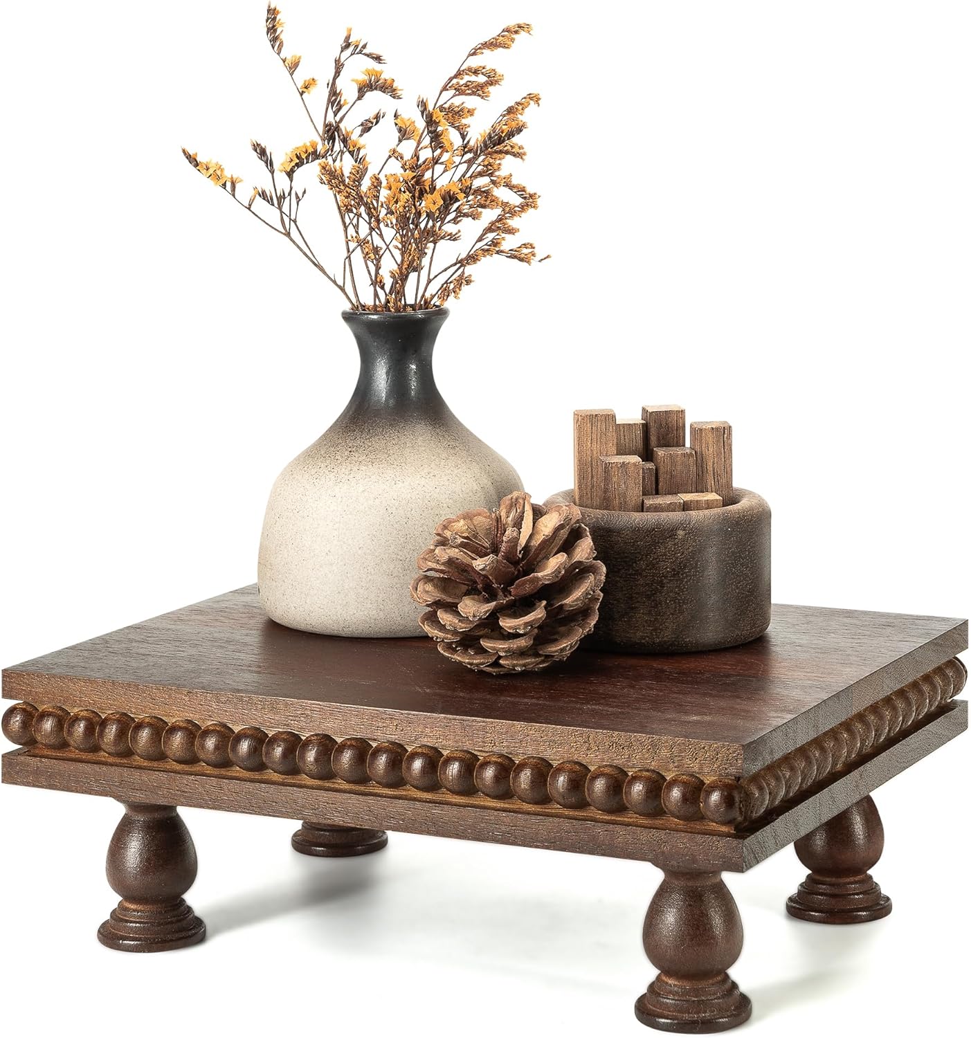 EOSAHR Acacia Wood Display Riser for Room Decor – Modern Pedestal Stand with Beaded Edge for Bathroom Decor, Coffee Table, Soap Dispenser, Plants – Farmhouse Apartment Essentials(Dark Acacia)