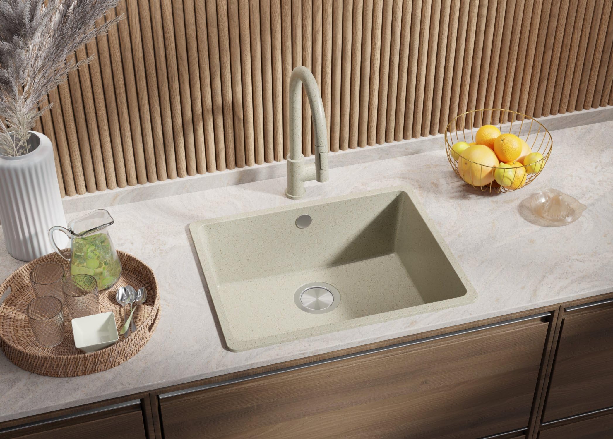 PRIMAGRAN Fregadero Cocina Todo Beige - Venecia Easy Slim, 56x44cm | Granito 1 Seno + Sifón, sobre Encimera al Mueble 60cm (S070)