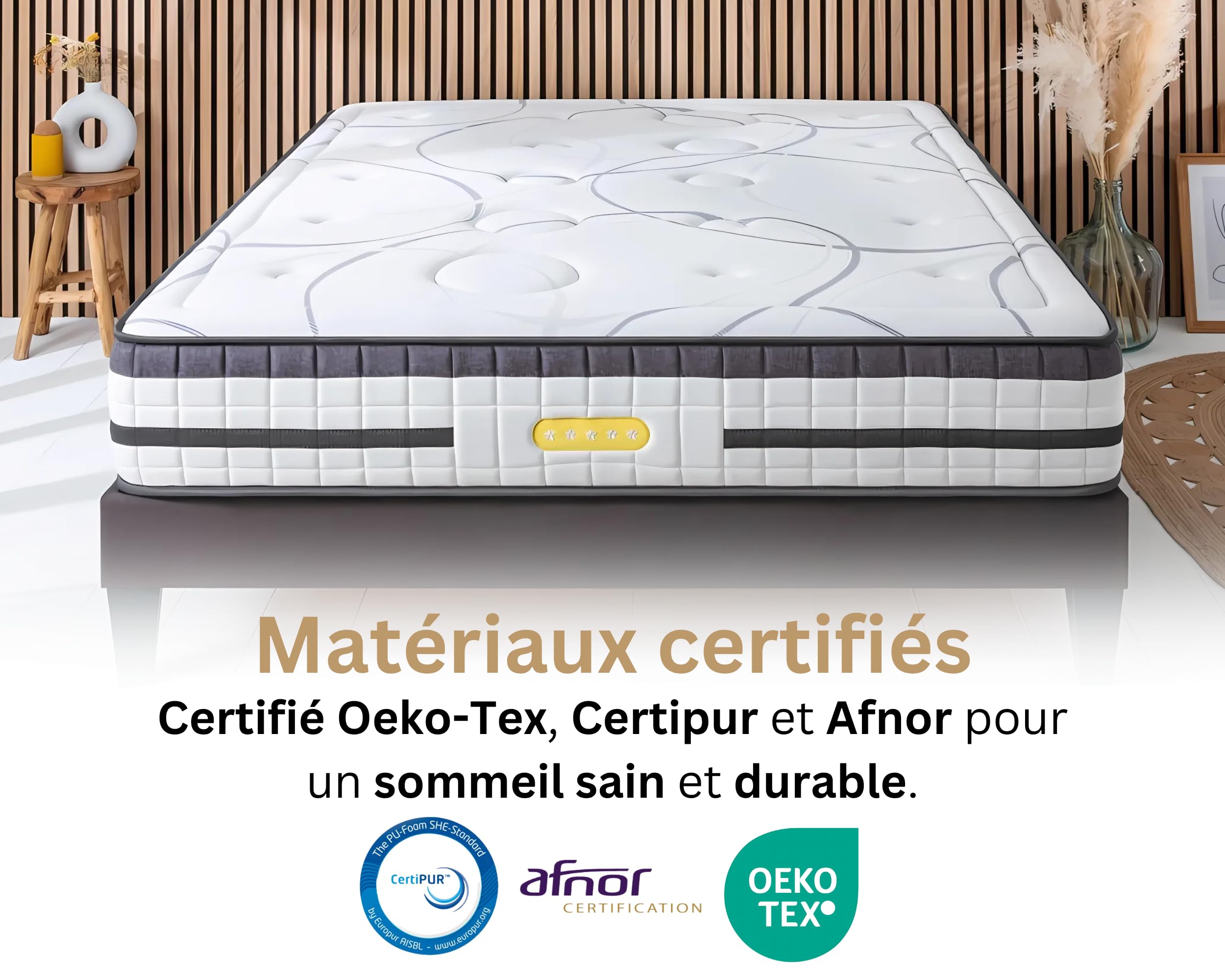 Maison Aubertin - Ensemble Matelas Sommier Hybride Concorde 160x200, Ép 56, 858 Ressorts Ensachés & Mémoire de Forme Haute Densité 60 kg/m³, Lit en Bois Massif, 2 Personnes, Ergonomique