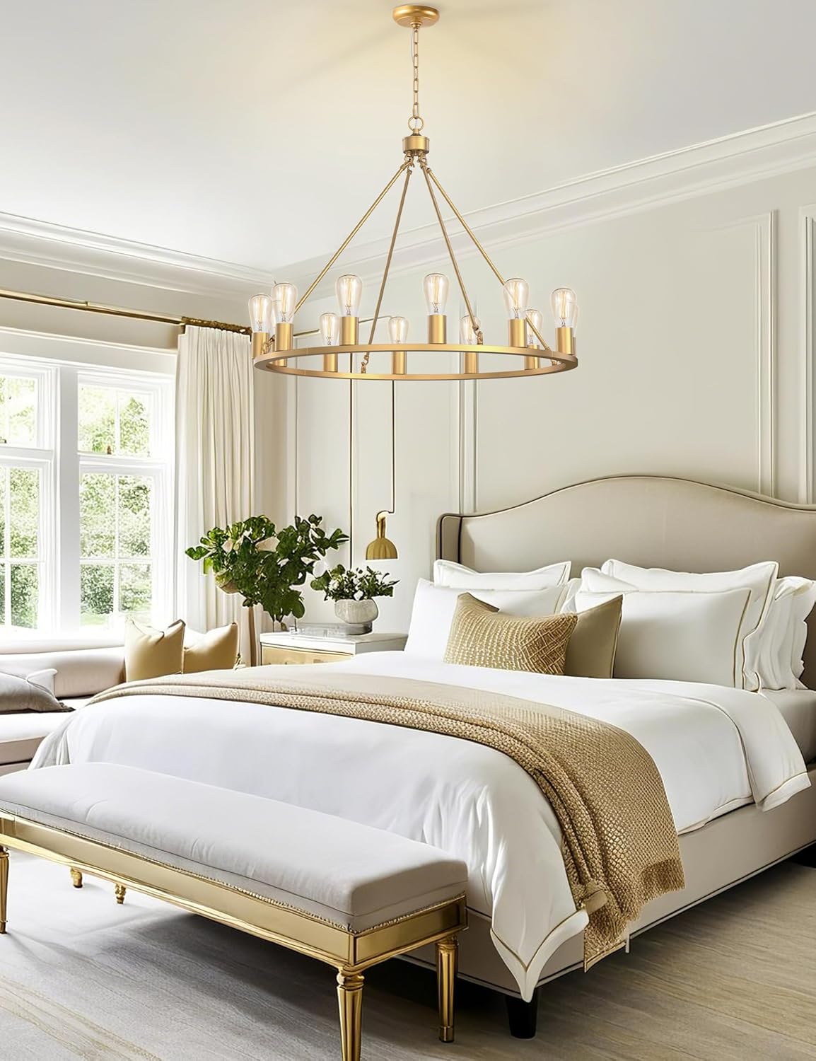 L LOHAS LED Gold Farmhouse Chandeliers for Dining Room, 12-Light Wagon Wheel Chandelier Over Table, Height Adjustable, 32" Dining Room Light Fixture, Modern Chandelier for Kitchen Island Living Room