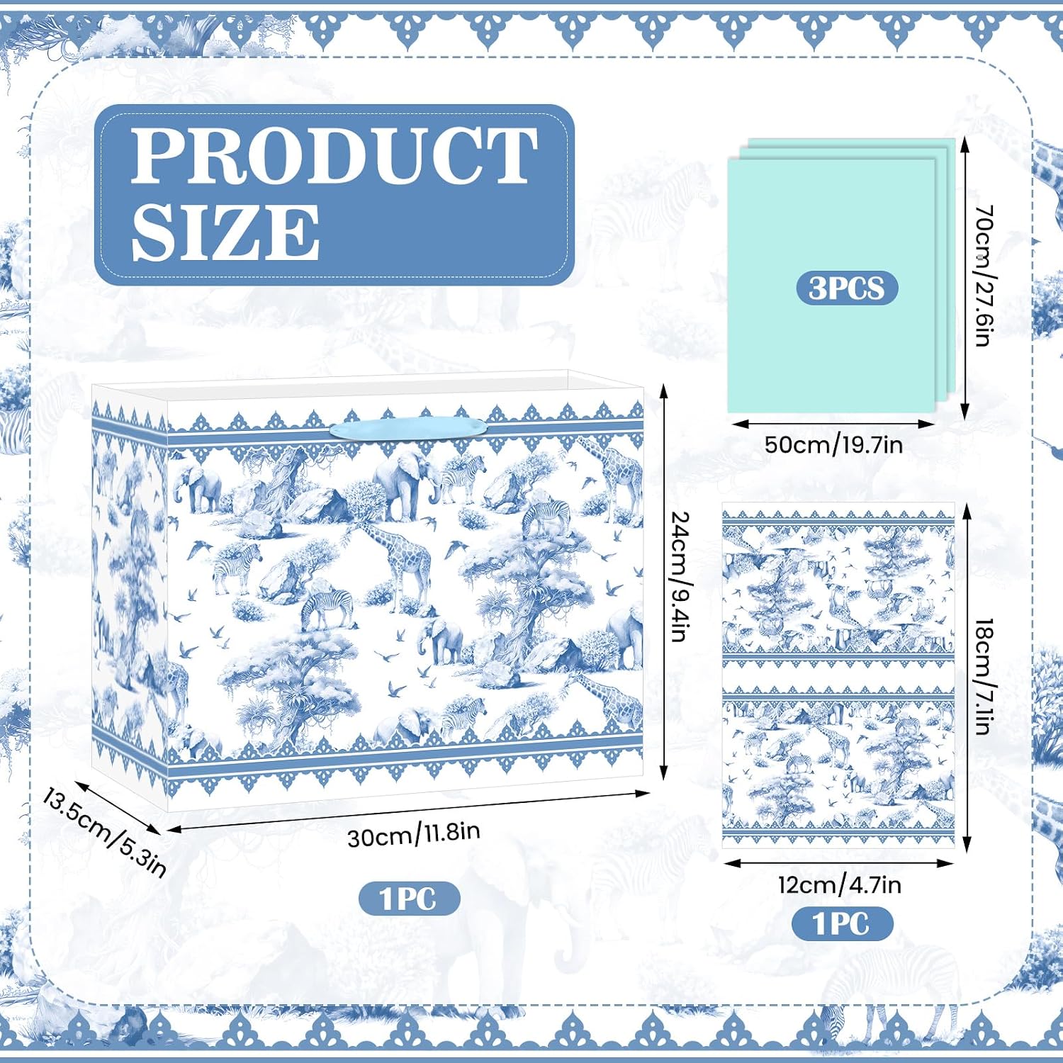 Blue Safari Baby Shower Gifts Bag for Boys Toile De Jouy Gift Wrap Bag with Tissue Paper Card Vintage Wild Jungle Animal Wrapping Paper Bags for Girls Kids Summer Zoo Birthday Baby Shower Decorations image 4