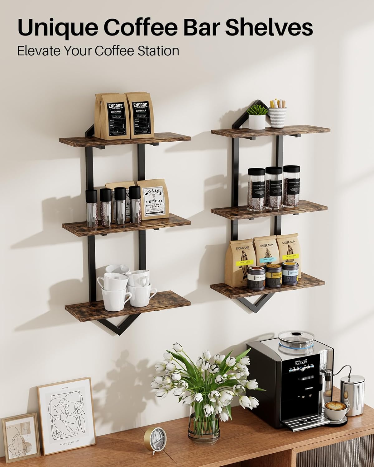 3 Tier Floating Shelves, Set of 2 Wall Shelves for Living Room, Modern Geometric Wooden Shelf for Wall Decor, Hanging Storage Shelf for Bedroom Bathroom Kitchen Home Office (Rustic Brown)