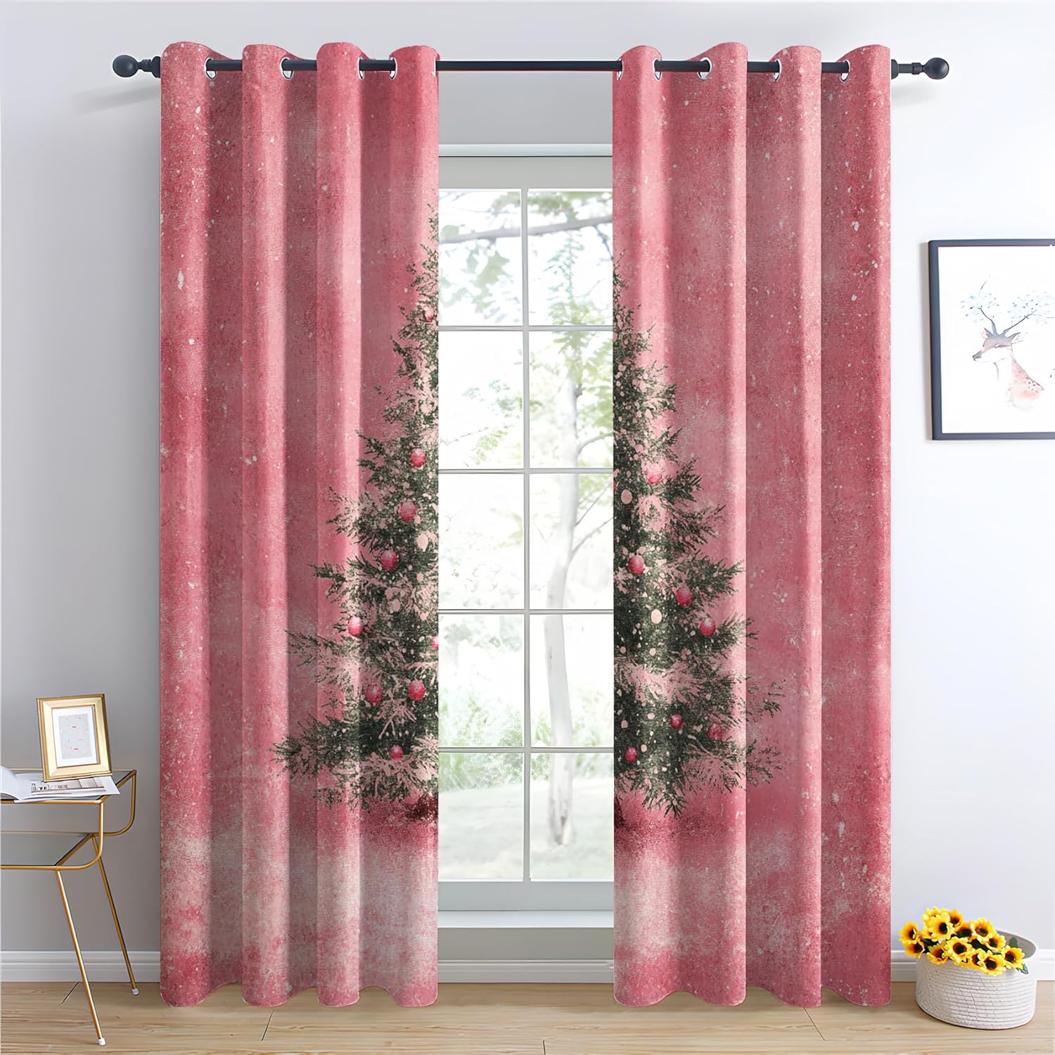 Christmas Tree Blackout Curtains 39 Inch Length, Snowflakes Curtains for Bedroom Living Room Decor, Pink Xmas Black Out Grommet Window Drapes 27.5 x 39, 2 Panels Set