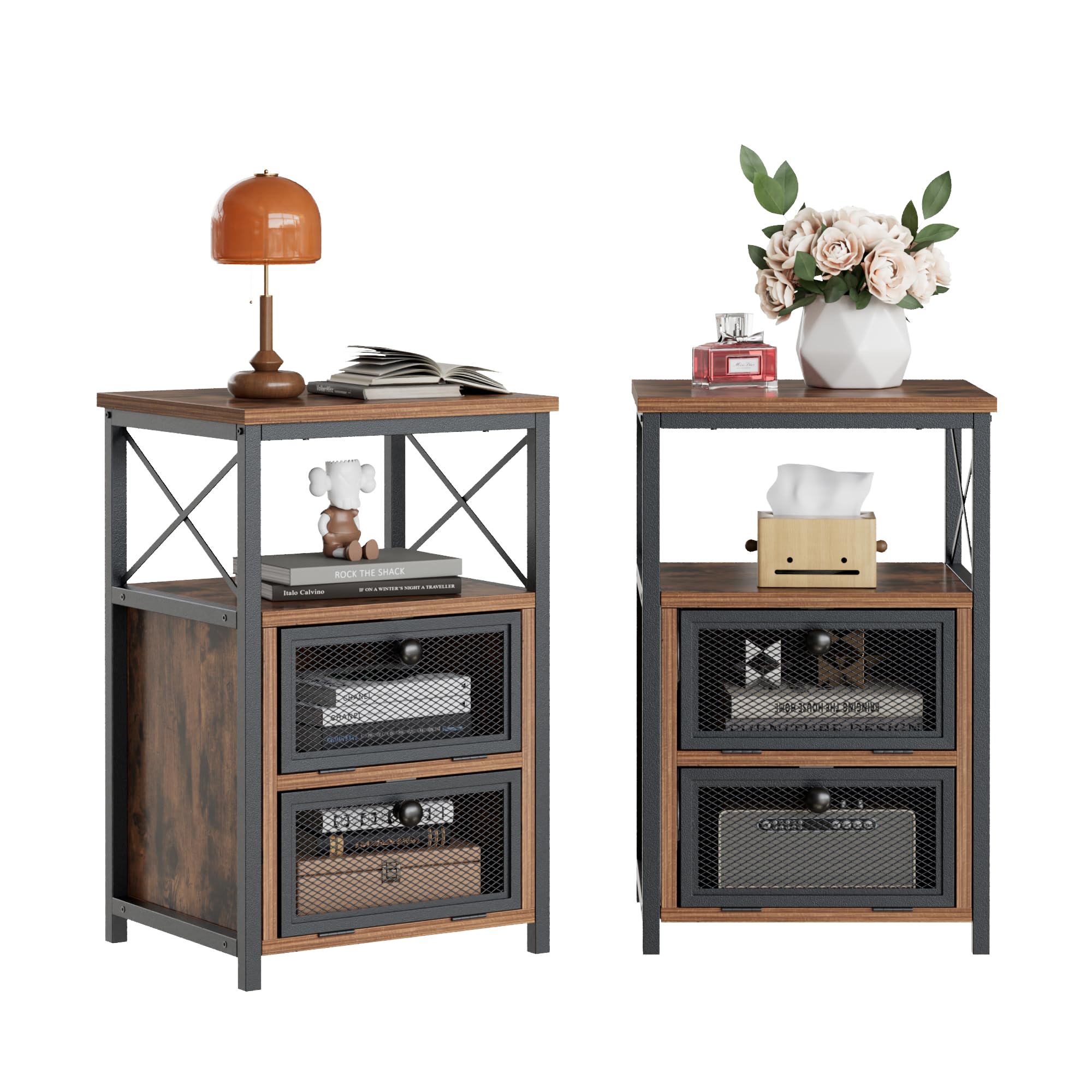 VECELO End Side Table, Modern Night Stand with Storage Space and Door, Set of 2 Nightstands for Living Room,Bedroom,Lounge, Rustic Brown