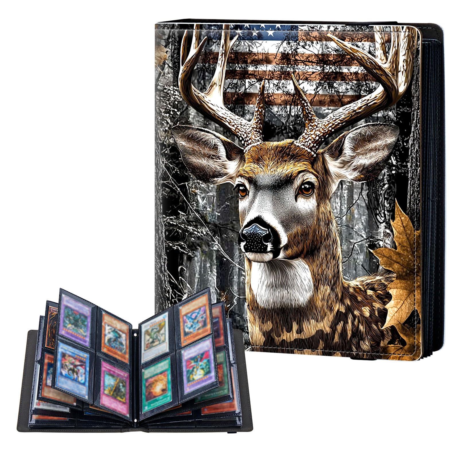 ETLKJVBL 4 Pocket Trading Card Binder, Card Collection Binder for TCG, MTG, Sports Cards, Baseball, Camouflage Deer American Flag Trading Card Book Holder for Collectors, Top Loader Binder