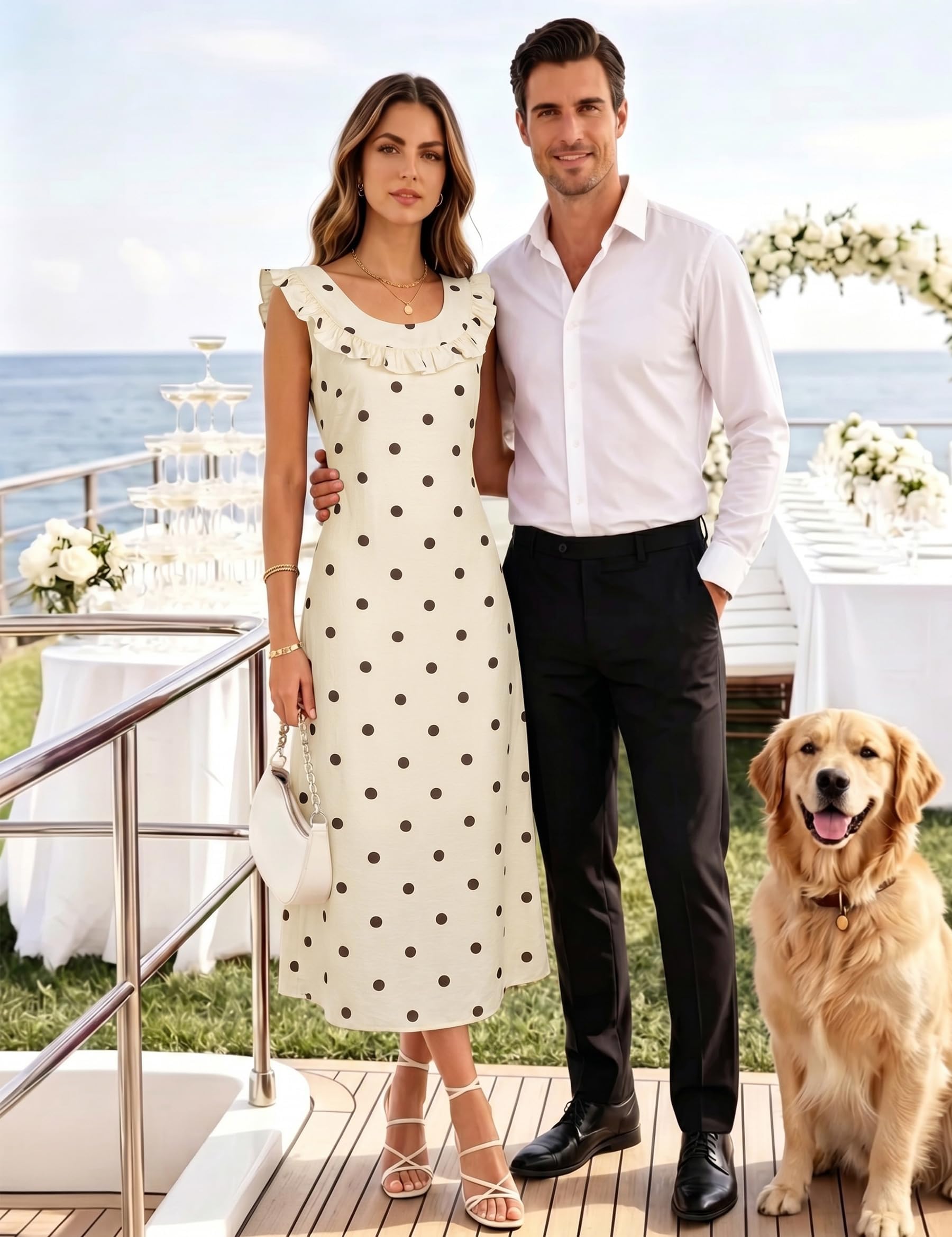 Damen Polka Dot Kleid V-Ausschnitt Rüschen-Kurzärmeln Vintage Sommerkleid