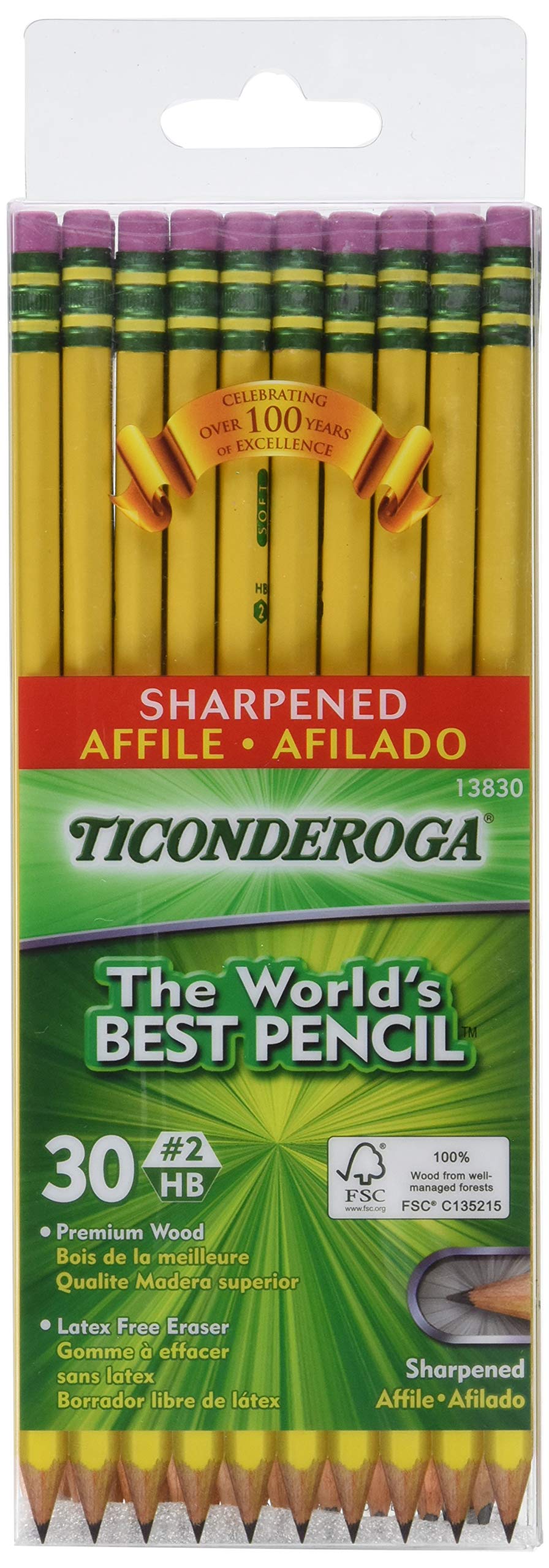 Ticonderoga Pencils, Wood-Cased Graphite no. 2 HB Soft, Pre-Sharpened, Yellow, 30-Pack (2 count)