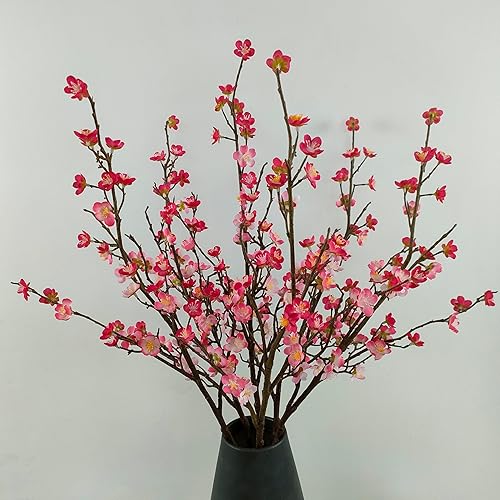 Miniatura 8 de Flores de ciruelo artificiales, 6 flores de cerezo rojo rosa, ramas falsas para jarrón, tallos de flor de cerezo sintético para decoración del hogar