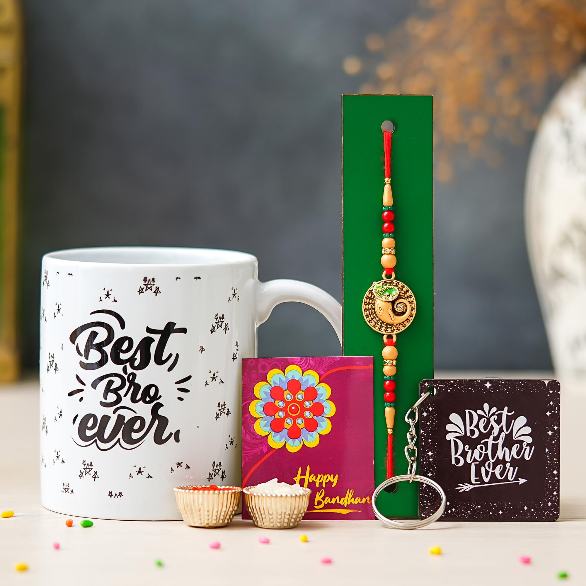 TONKWALAS Rakhi Set for Brother with Printed Mug, Keychain Combo Pack of 5 (Greeting Card,Roli Chawal,Rakhi,Printed Mug,Keychain)| Gift Hamper for Brother