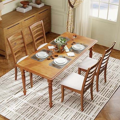 Miniatura 8 de Giantex Juego de 4 sillas de comedor de madera, moderna silla de cocina tapizada con patas de madera de goma, respaldo alto de listones, asiento