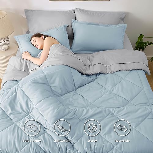 Miniatura 8 de Bedsure Bed in a Bag - Ropa de cama reversible Negro, Azul / Patchwork, gris, Azul marino/flor y brillo, Blanco