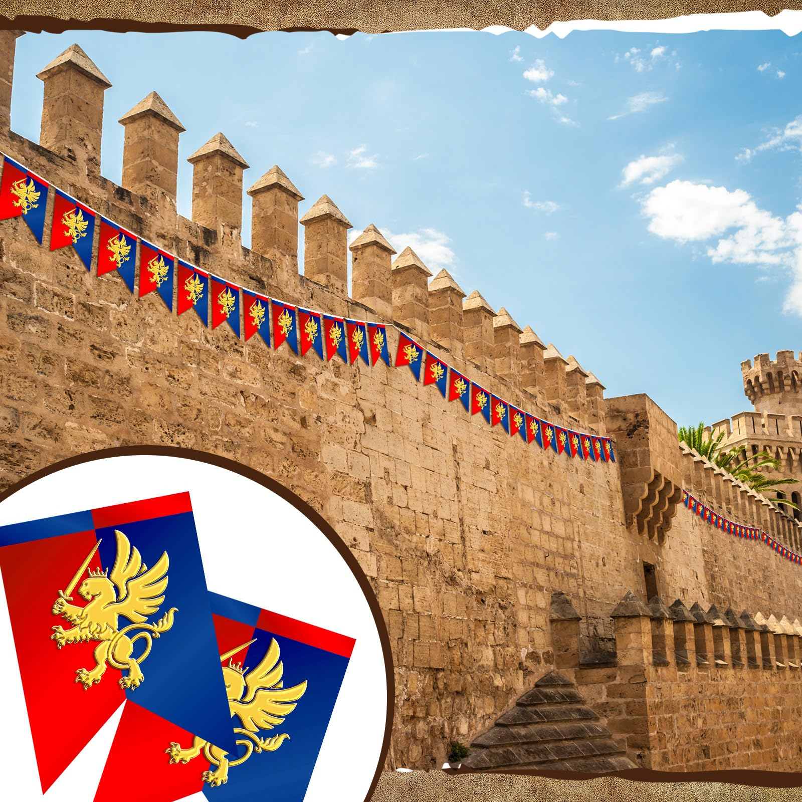 Hahafelt 6 banderines de fantasía medieval de 72 pies con diseño de león, decoraciones de fiesta medieval, banderines de caballero medieval, bandera de jardín para festival temático de castillo,